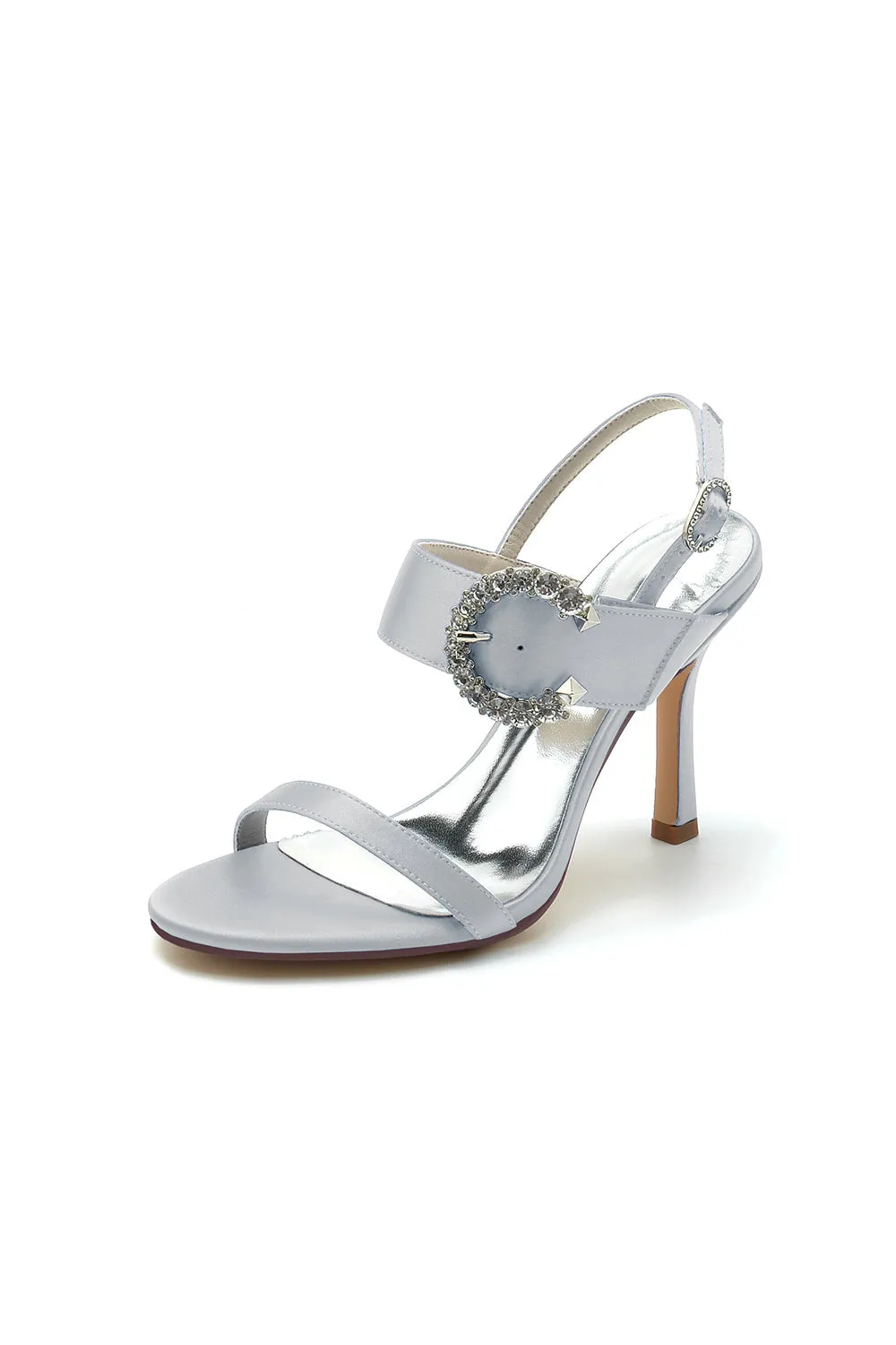 Open Toe Satin Heels with Crystal Buckle