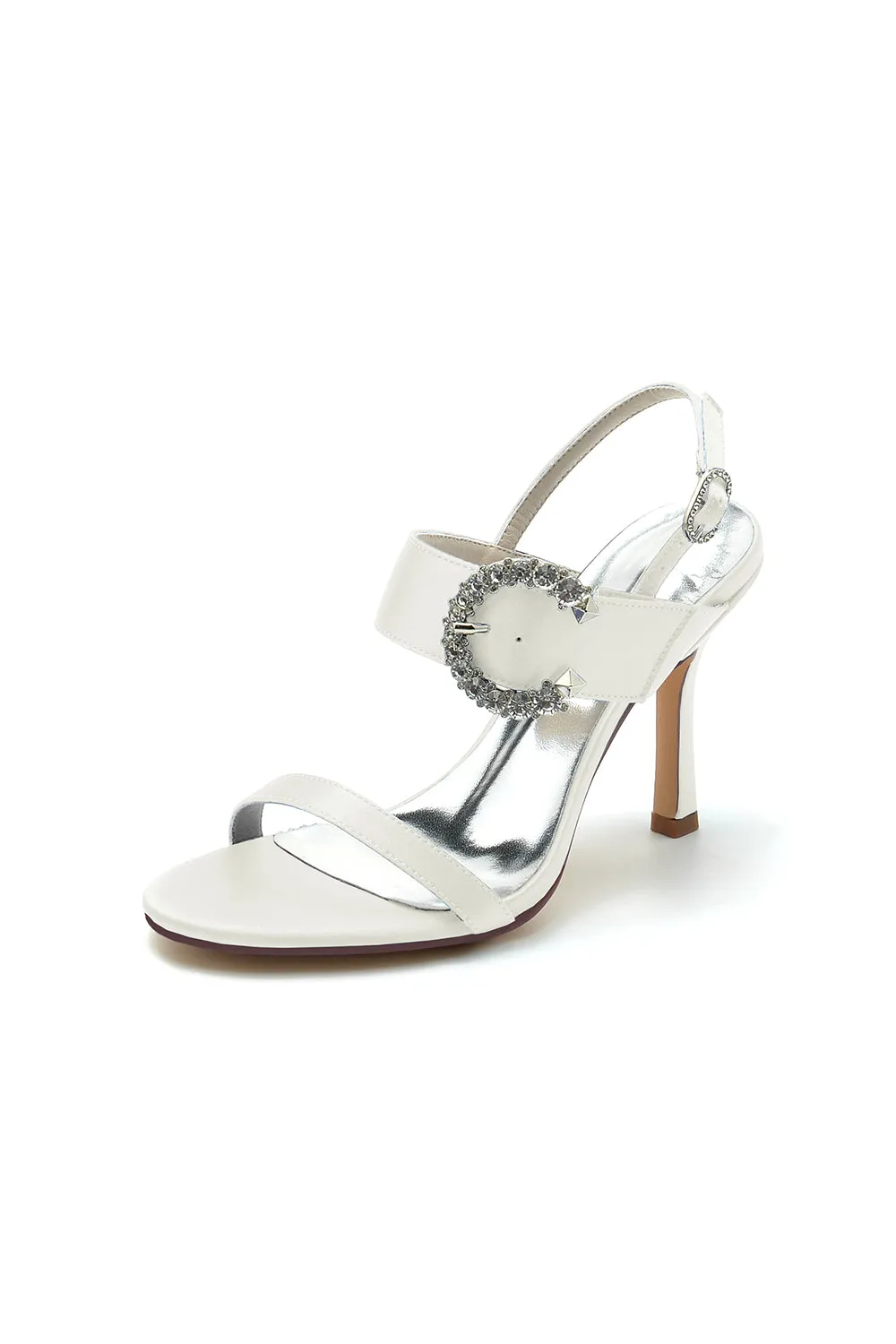 Open Toe Satin Heels with Crystal Buckle