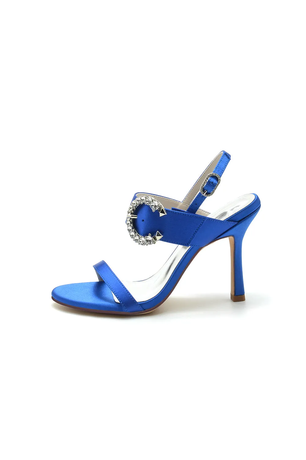 Open Toe Satin Heels with Crystal Buckle