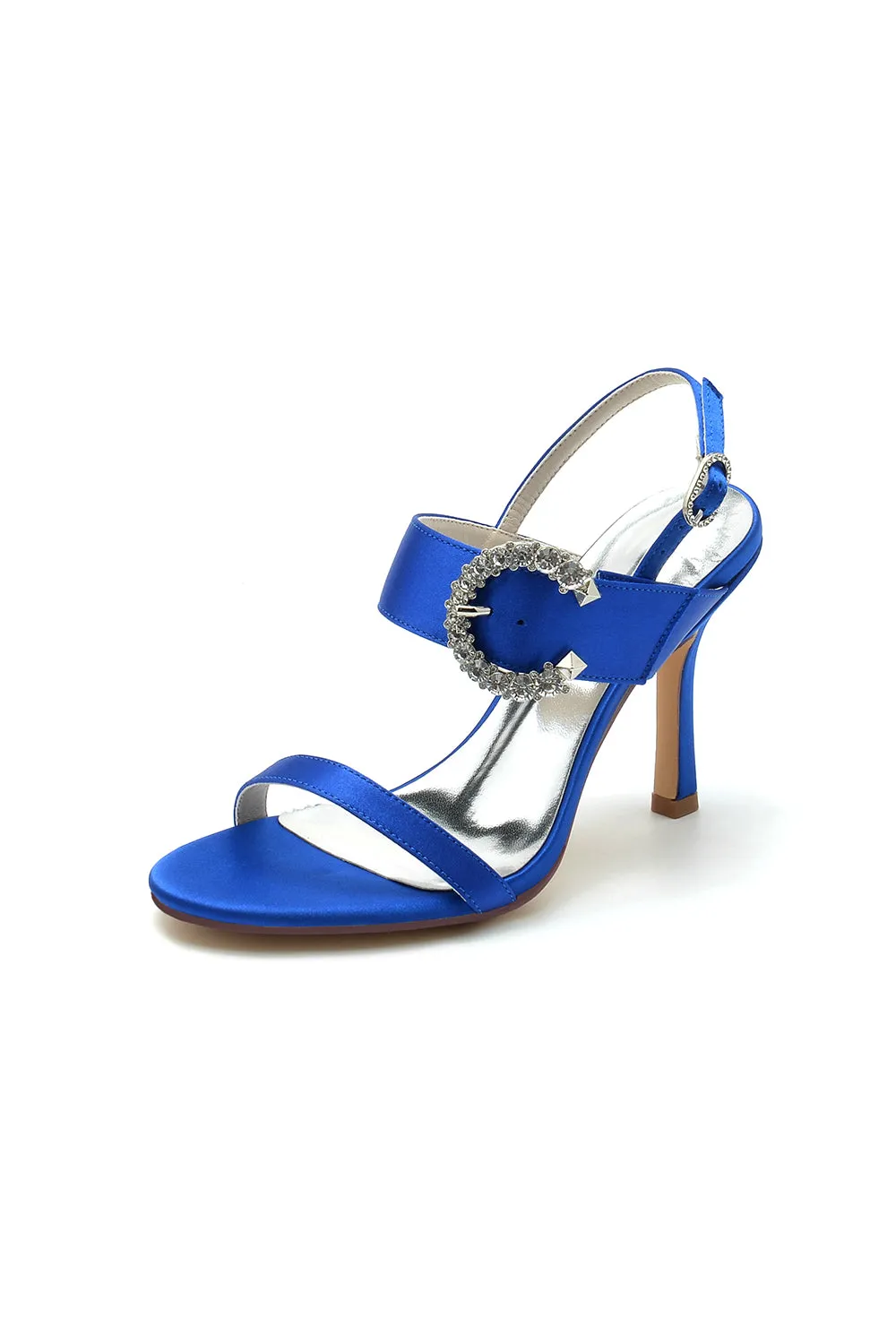 Open Toe Satin Heels with Crystal Buckle