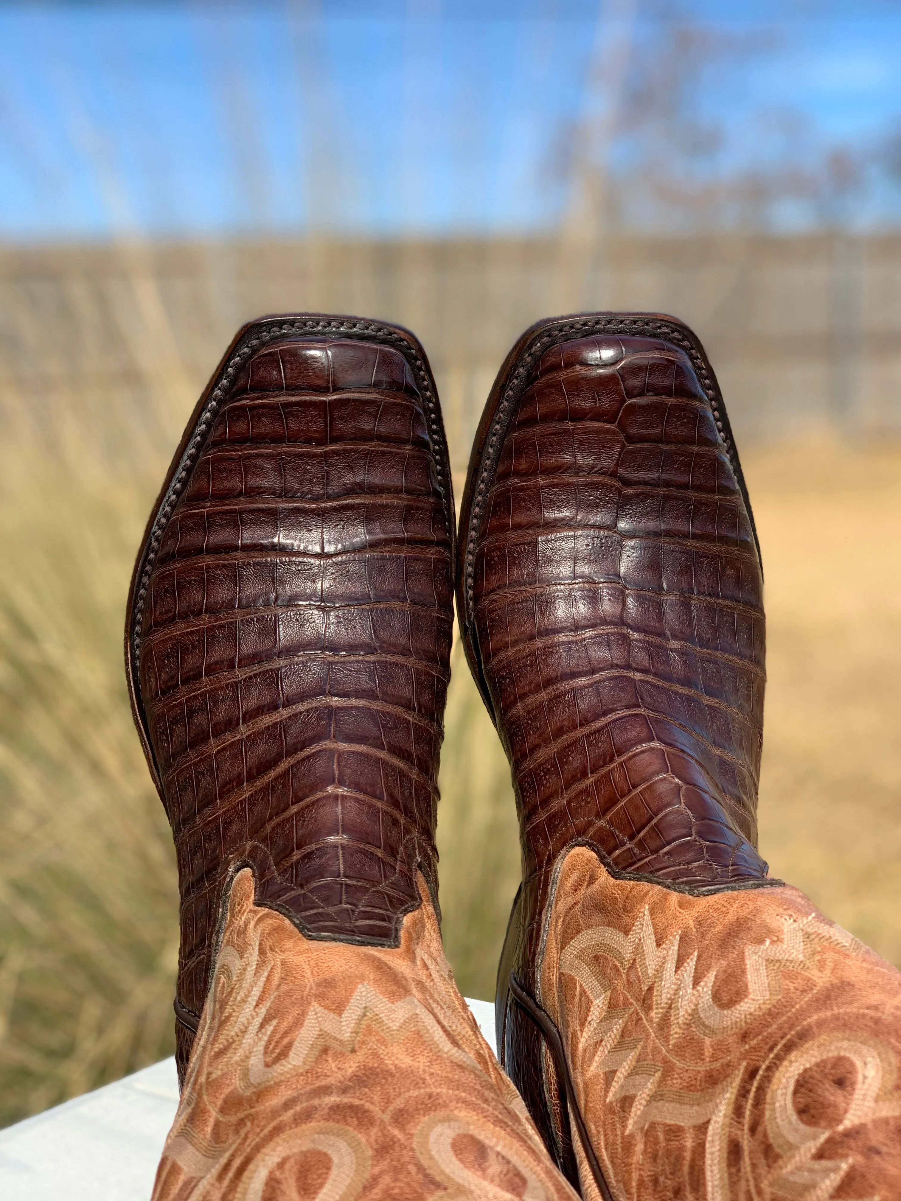 PATTON'S EXCLUSIVE RIOS OF MERCEDES CHOCOLATE OILED CAIMAN BELLY BOOTS