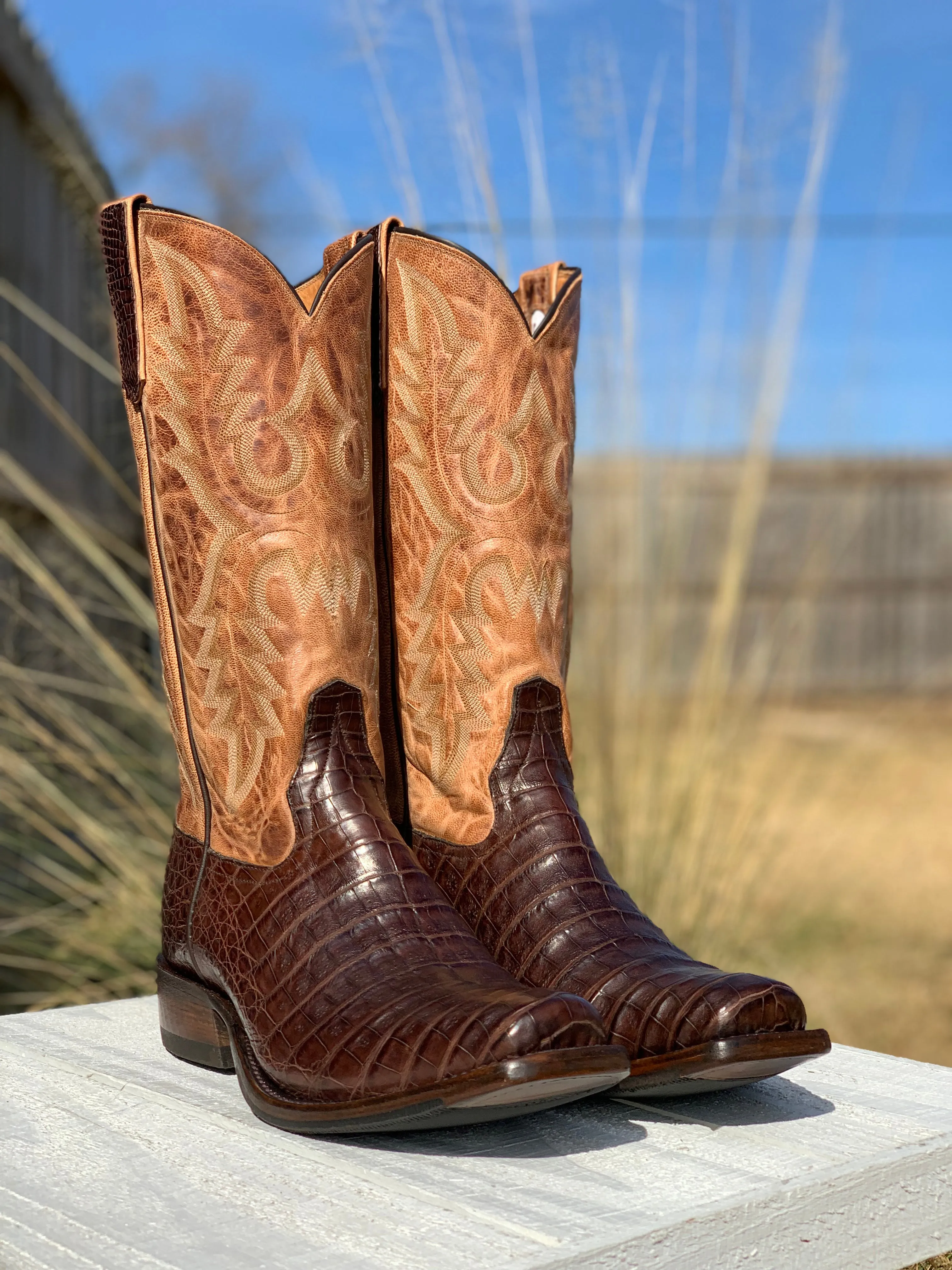 PATTON'S EXCLUSIVE RIOS OF MERCEDES CHOCOLATE OILED CAIMAN BELLY BOOTS