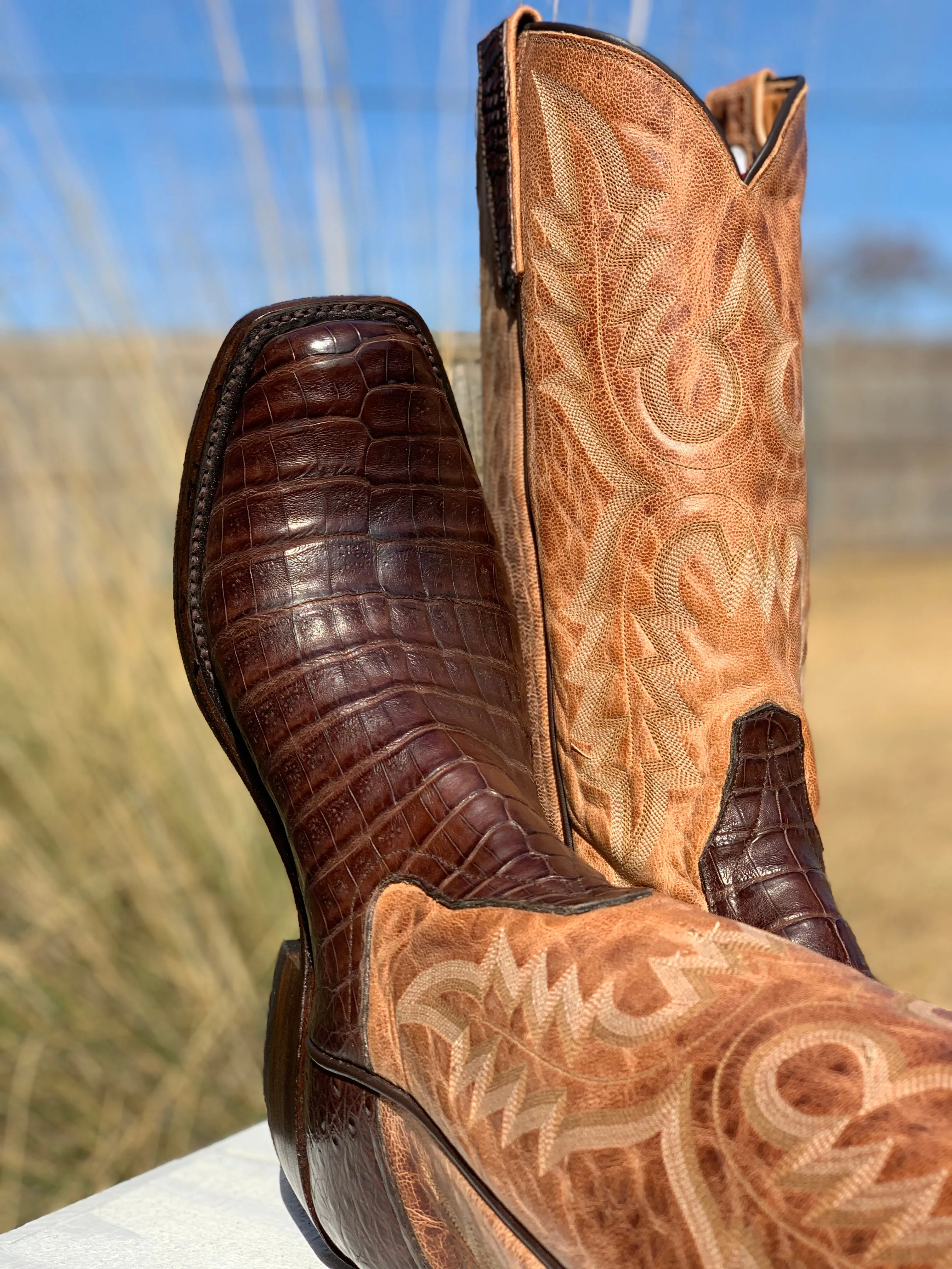PATTON'S EXCLUSIVE RIOS OF MERCEDES CHOCOLATE OILED CAIMAN BELLY BOOTS