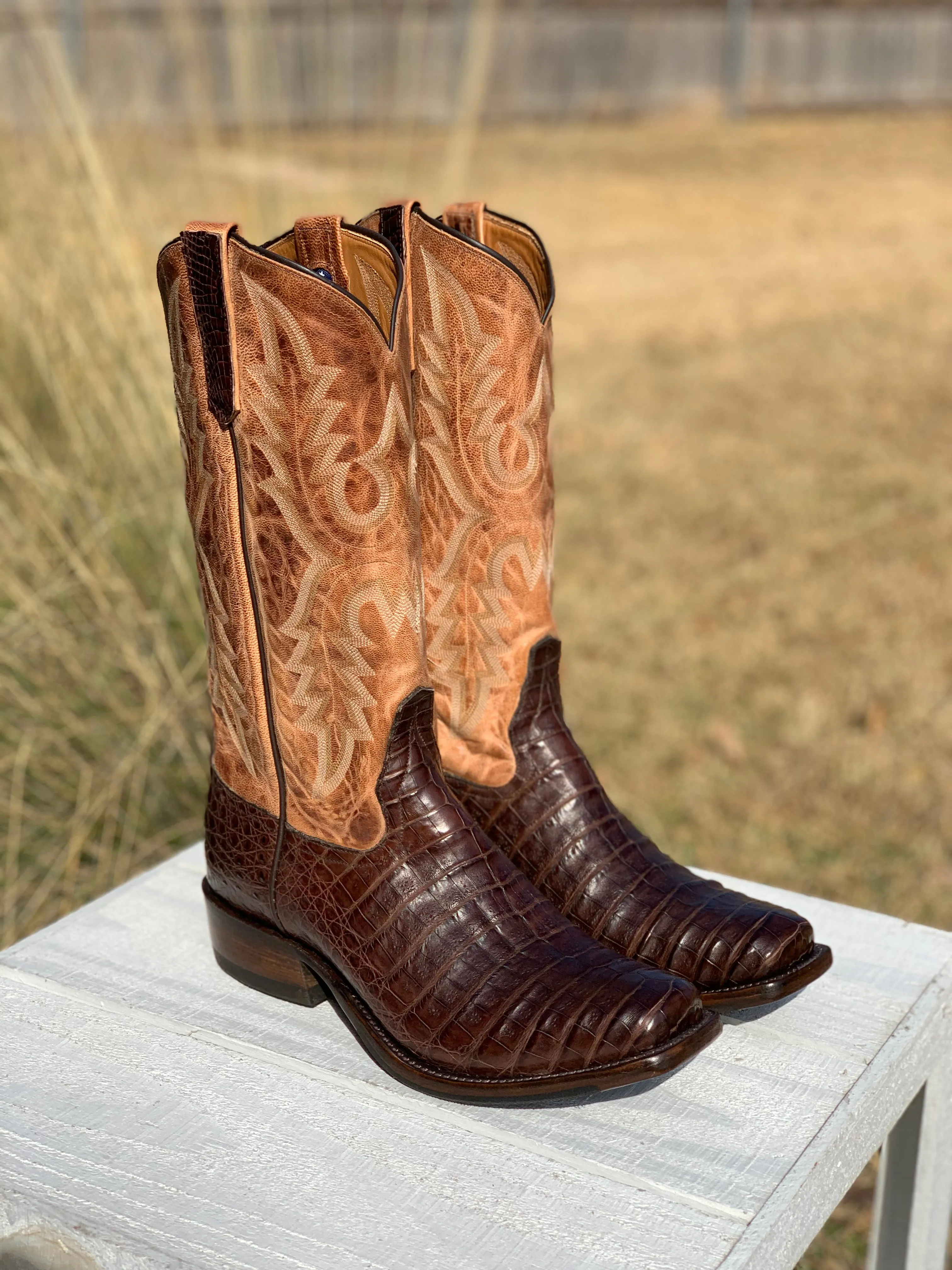 PATTON'S EXCLUSIVE RIOS OF MERCEDES CHOCOLATE OILED CAIMAN BELLY BOOTS