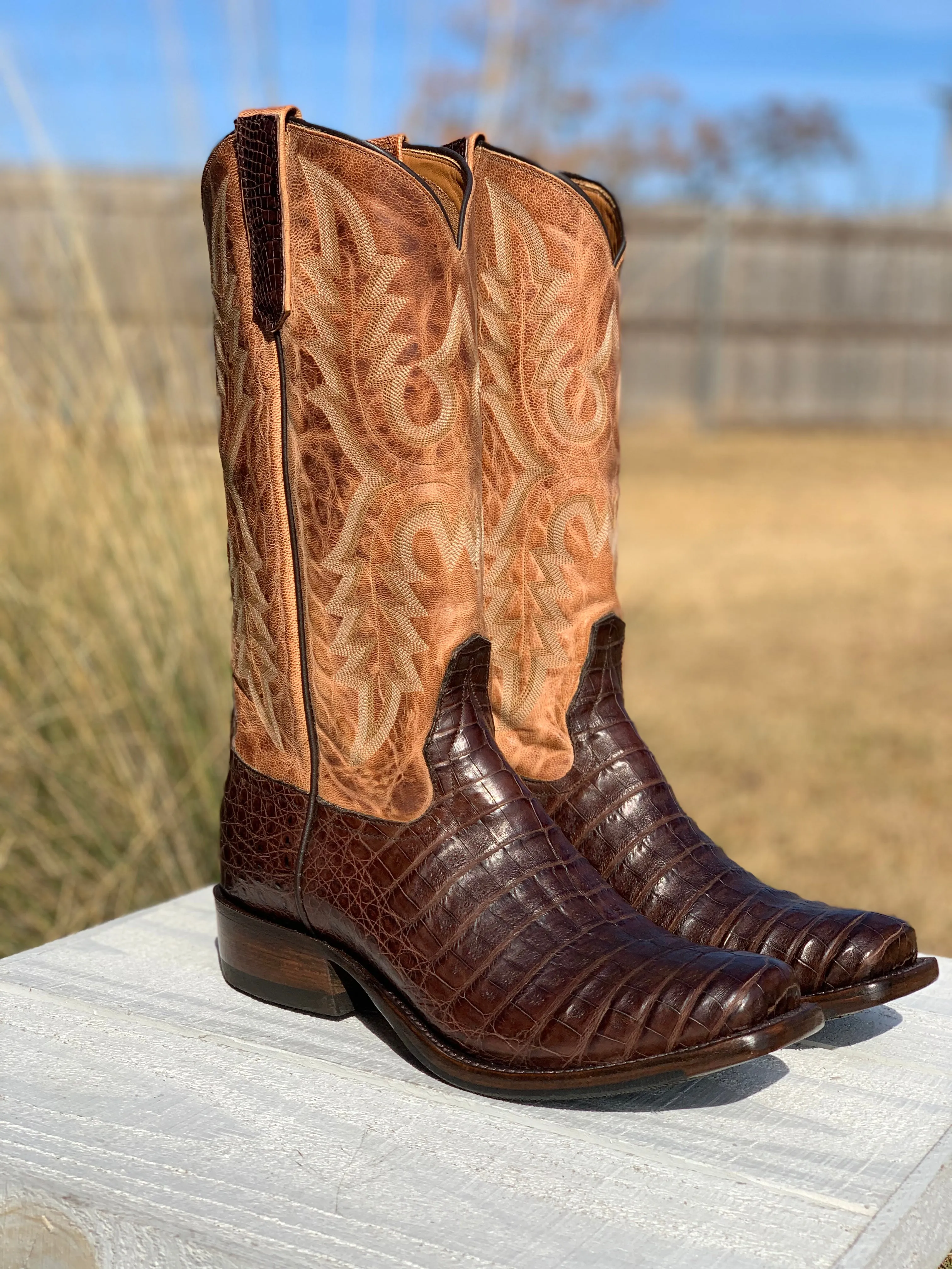 PATTON'S EXCLUSIVE RIOS OF MERCEDES CHOCOLATE OILED CAIMAN BELLY BOOTS