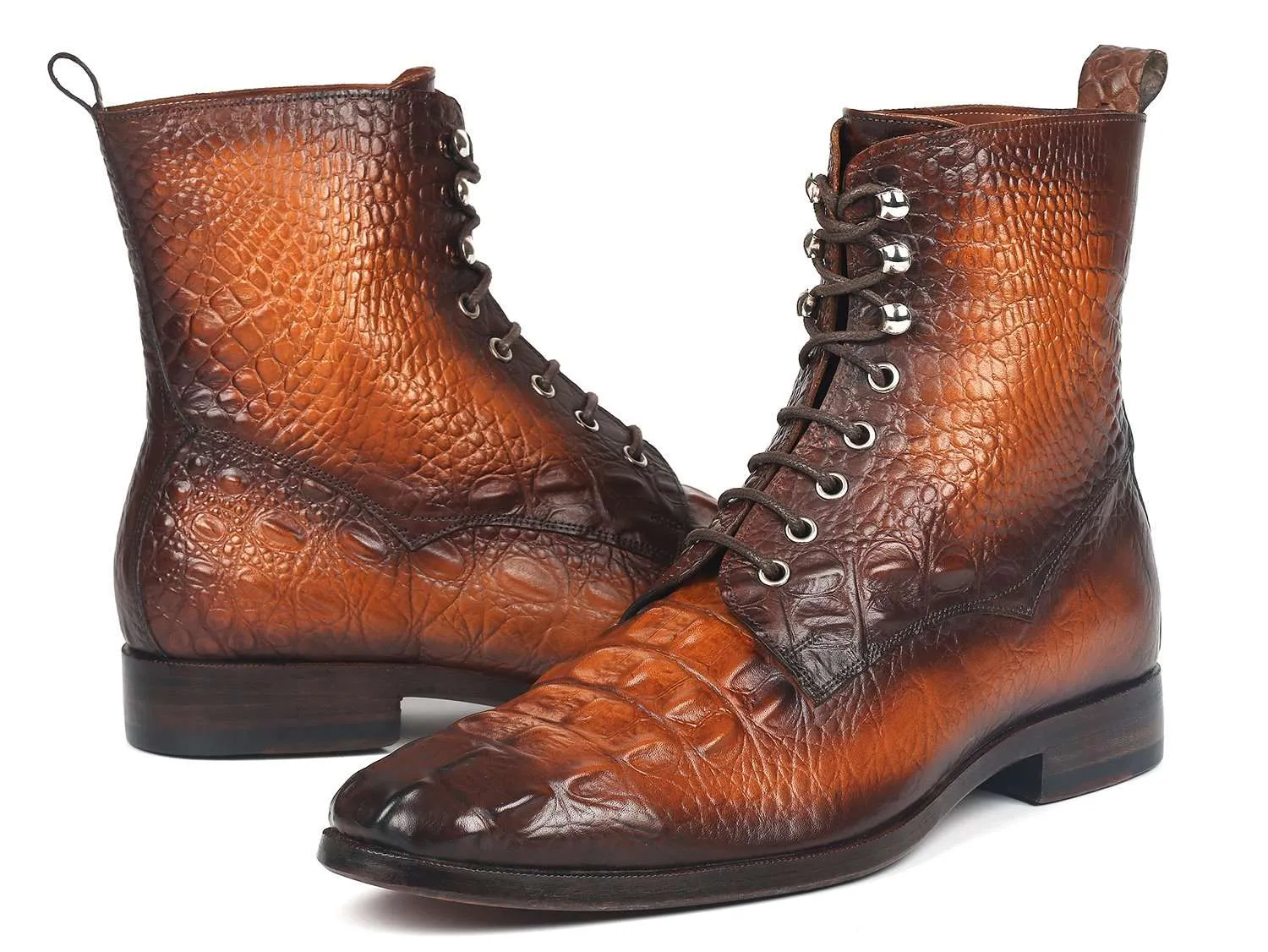 Paul Parkman Brown Croco Leather Lace-Up Boots