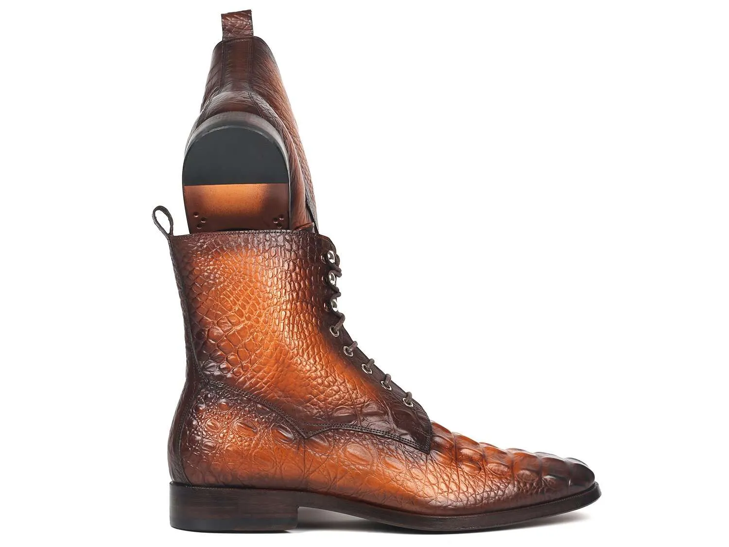 Paul Parkman Brown Croco Leather Lace-Up Boots