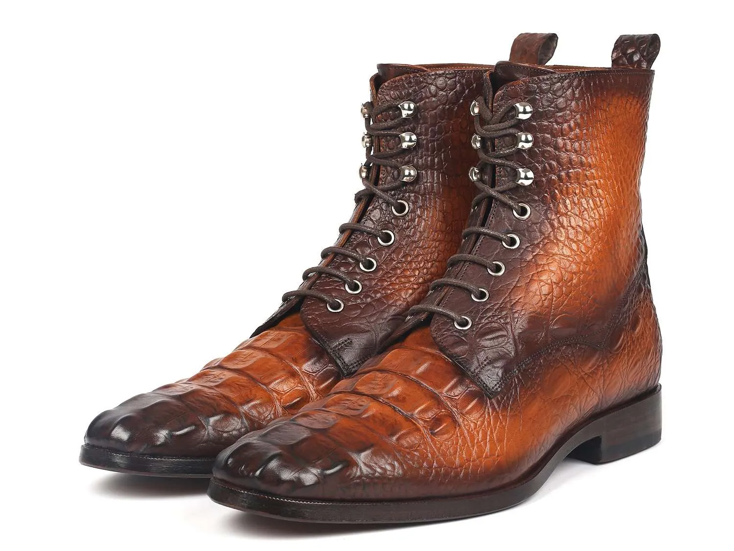 Paul Parkman Brown Croco Leather Lace-Up Boots