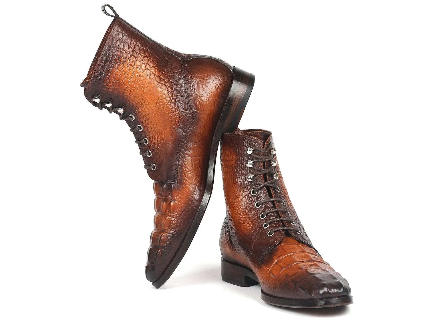 Paul Parkman Brown Croco Leather Lace-Up Boots