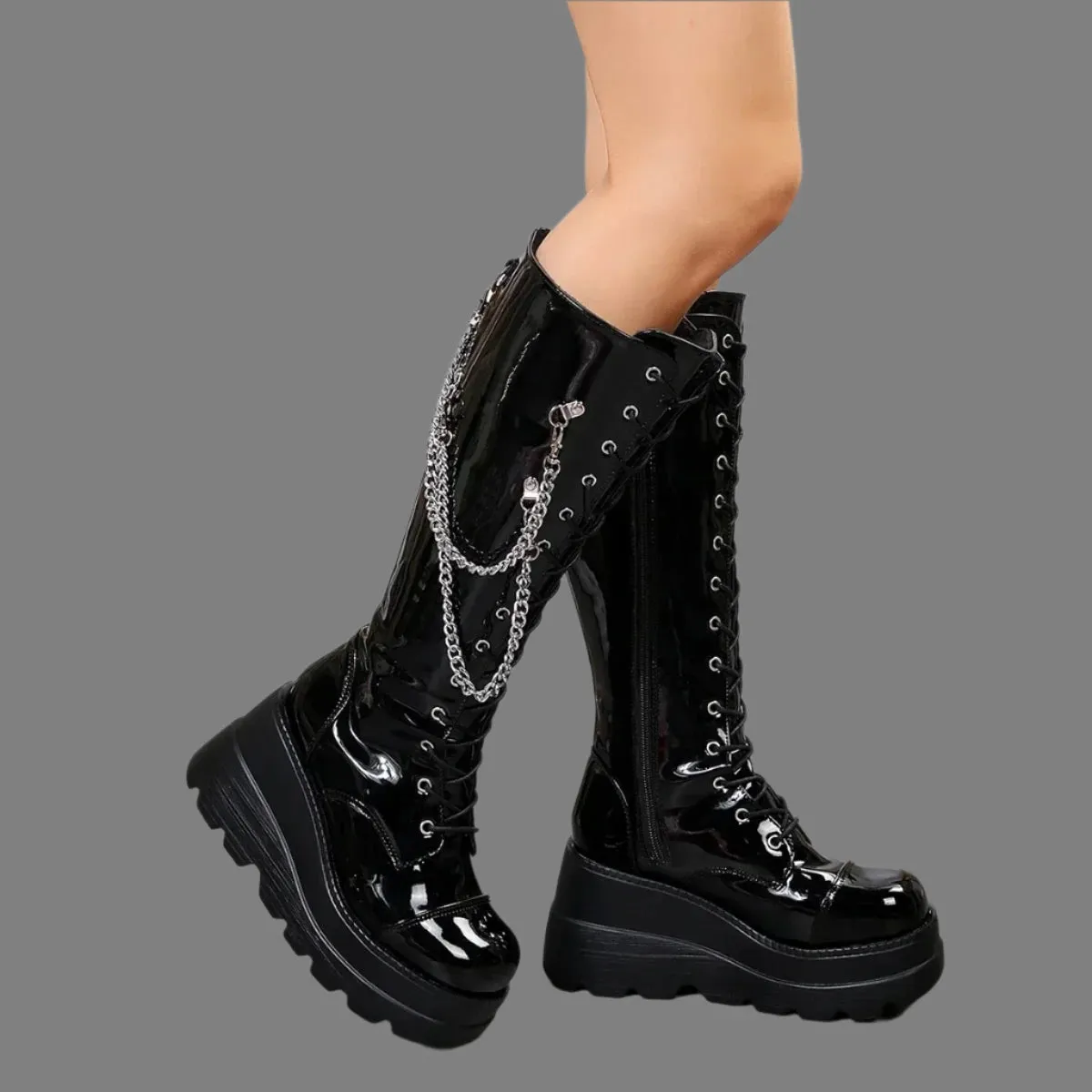 Plus Size Women's Goth Mid-Calf Platform Boots - Round Toe, Chunky Heel, Side Zipper, Punk Chain Detail, Height Increase, 2024 Fashion