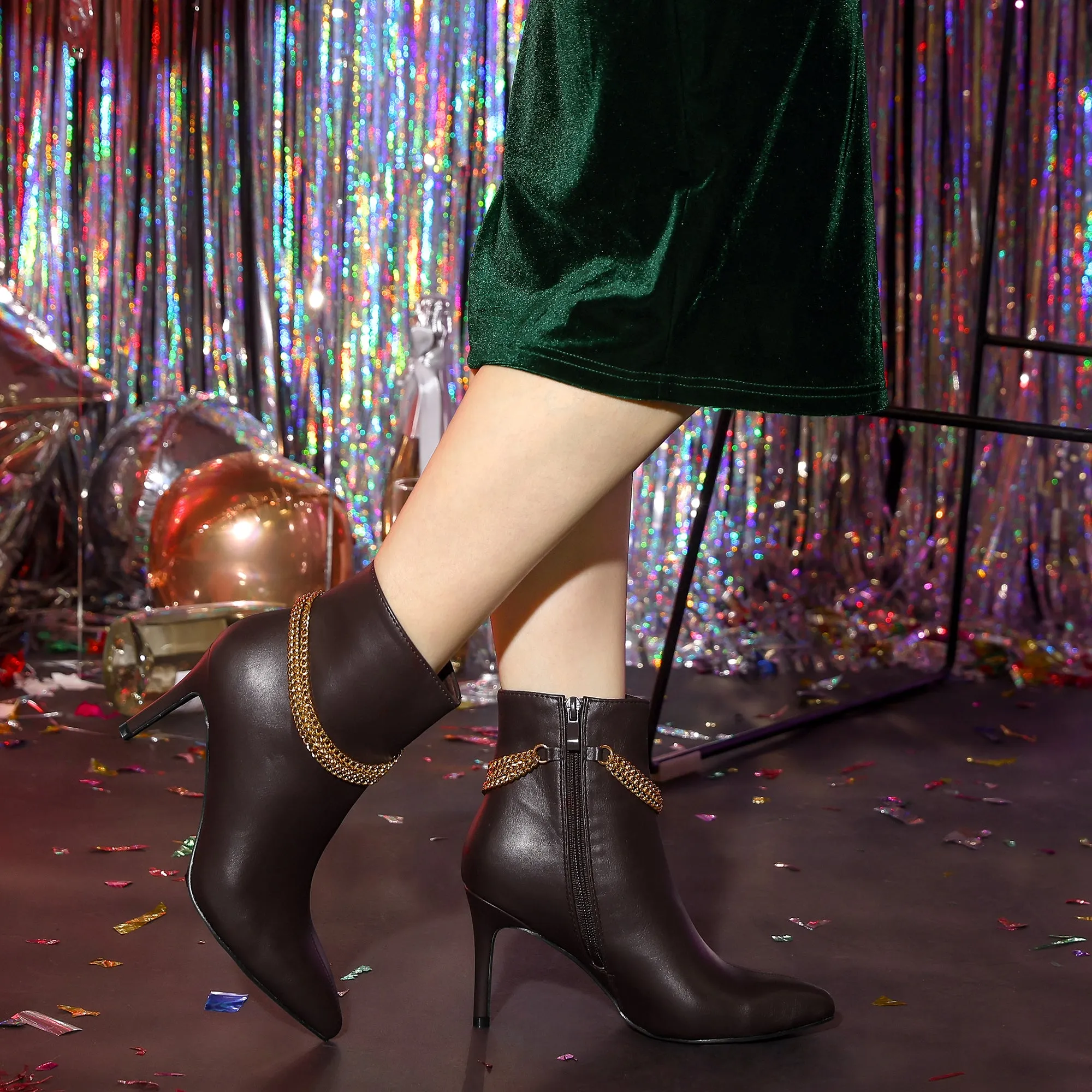 Pointy Toe Stiletto Heel Chain Ankle Boots