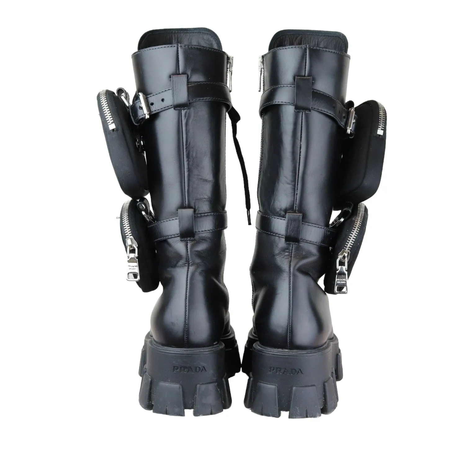 Pouch Pocket Tall Combat Boots Calfskin Black Size 38