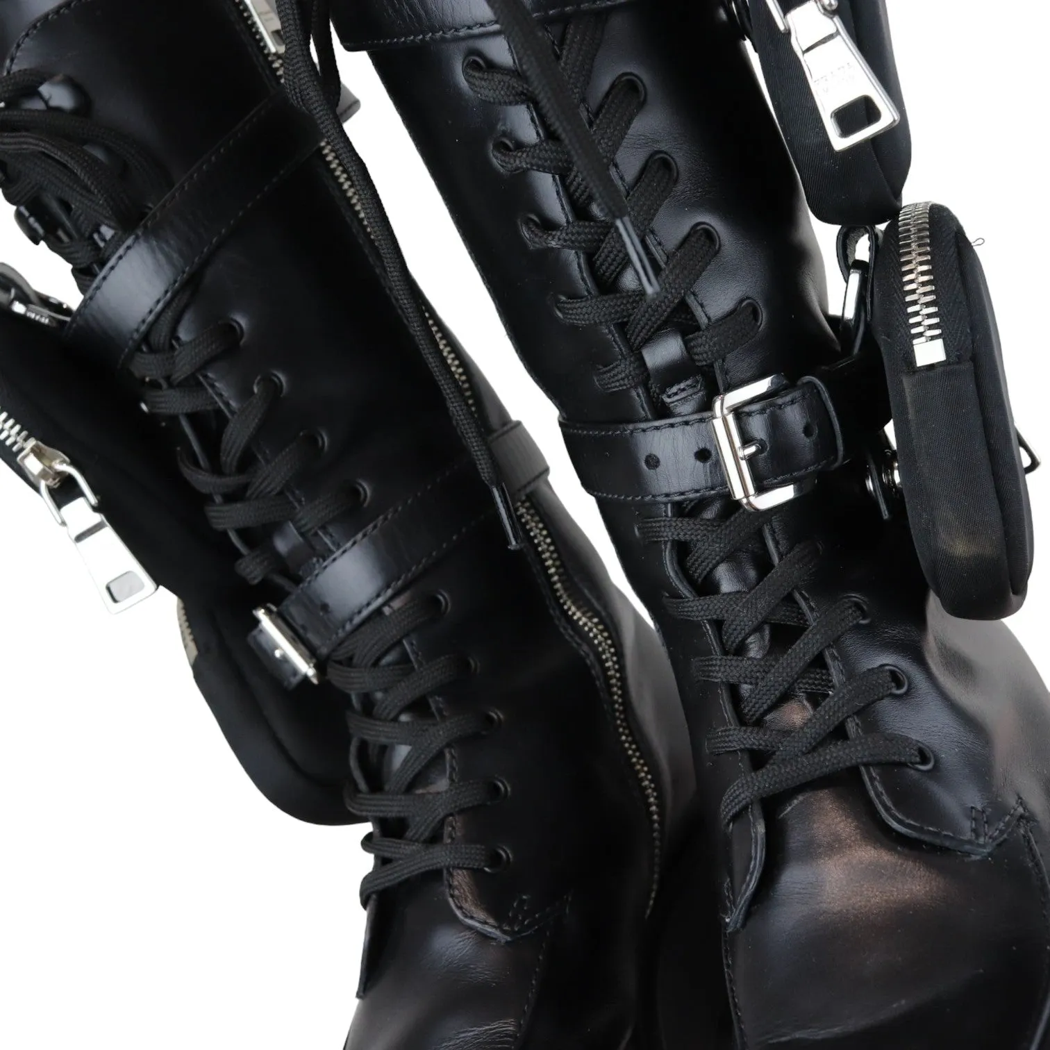 Pouch Pocket Tall Combat Boots Calfskin Black Size 38