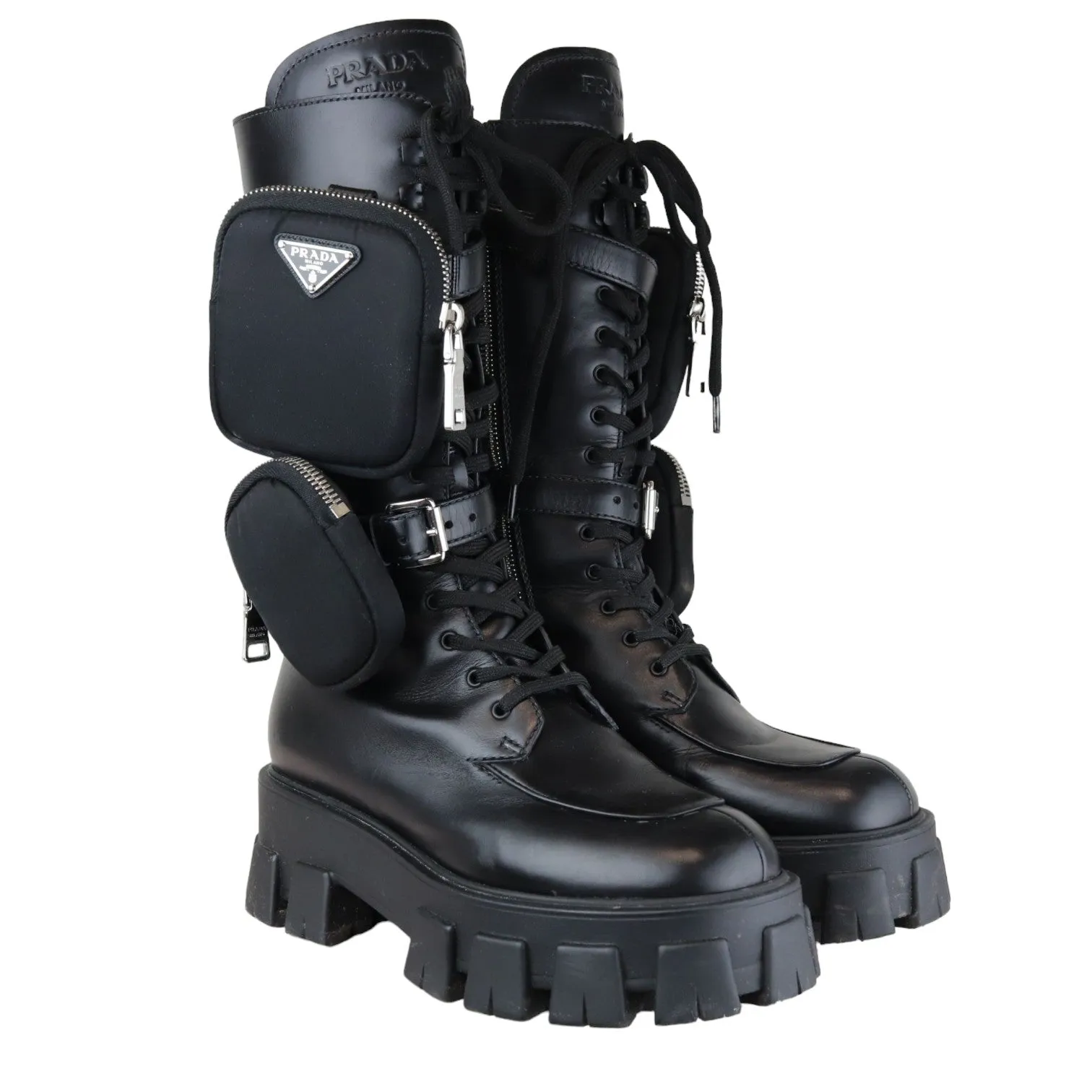 Pouch Pocket Tall Combat Boots Calfskin Black Size 38