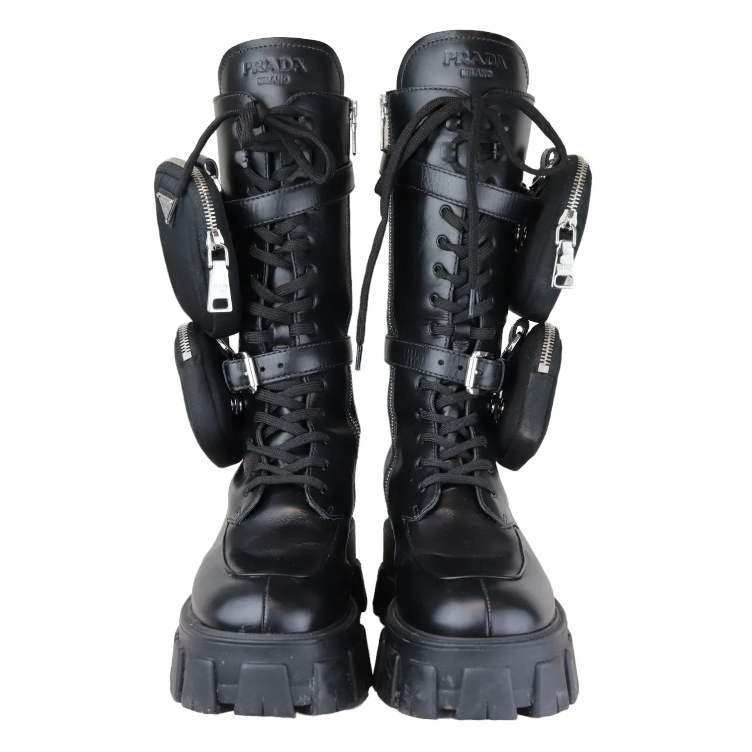 Pouch Pocket Tall Combat Boots Calfskin Black Size 38