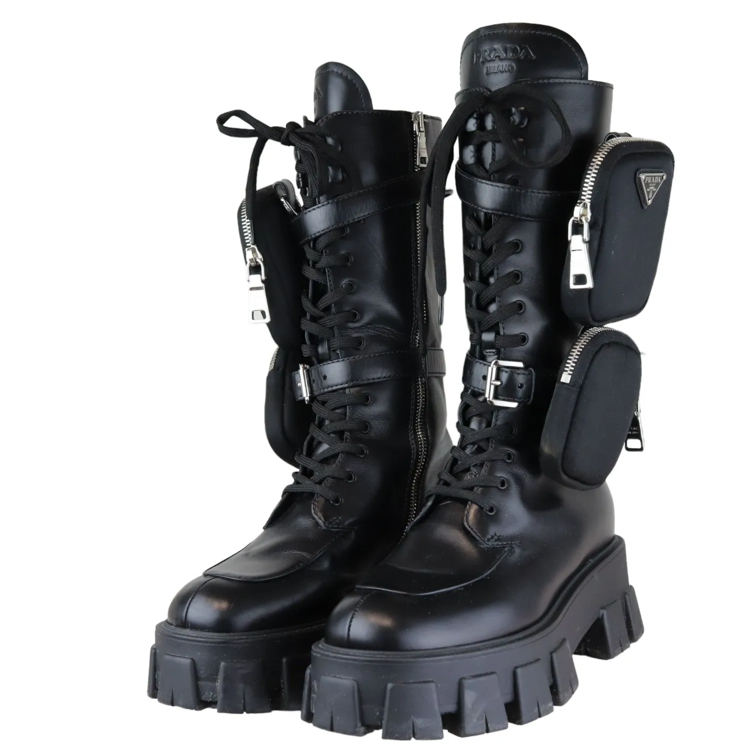 Pouch Pocket Tall Combat Boots Calfskin Black Size 38
