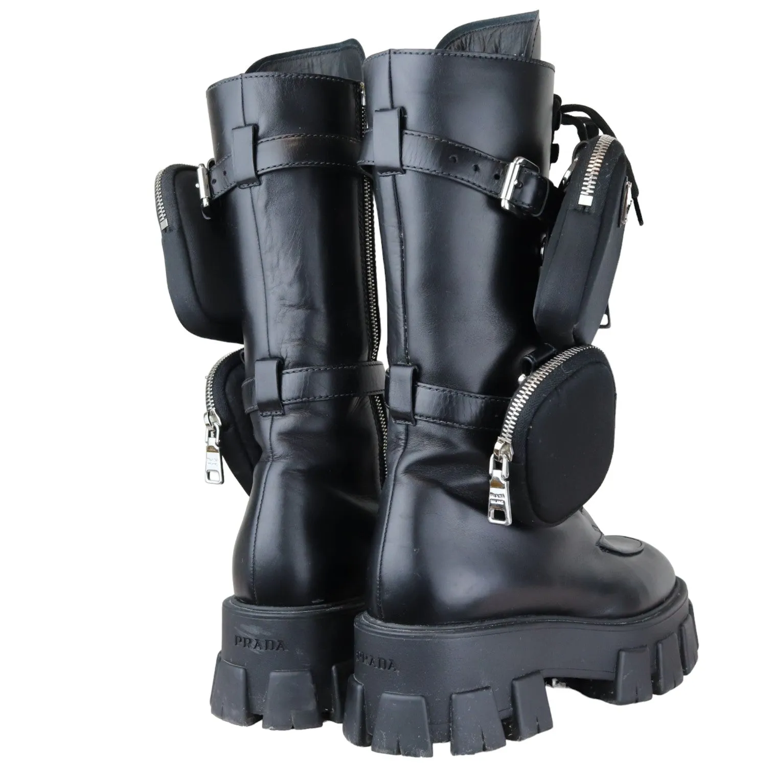 Pouch Pocket Tall Combat Boots Calfskin Black Size 38