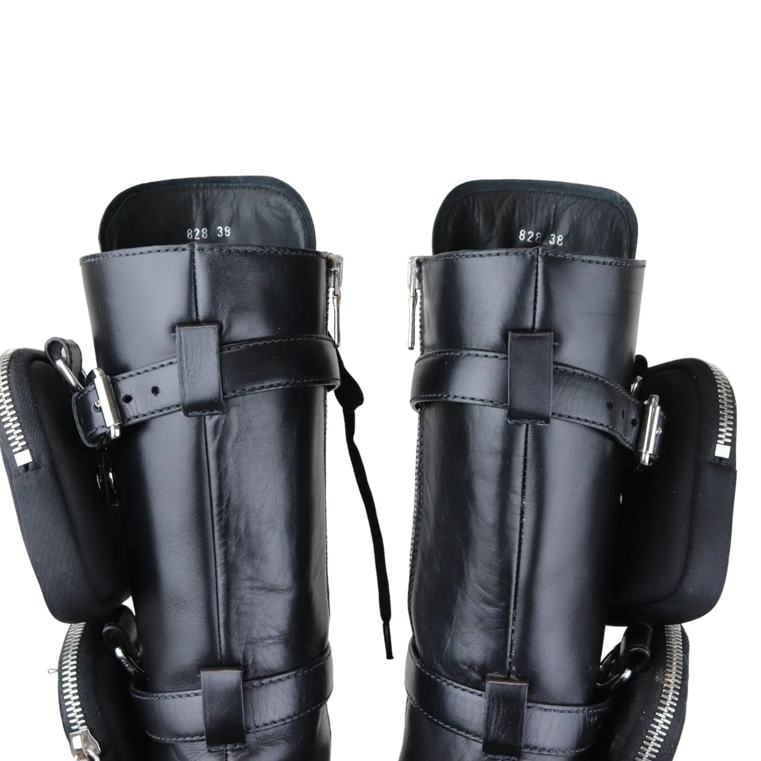Pouch Pocket Tall Combat Boots Calfskin Black Size 38