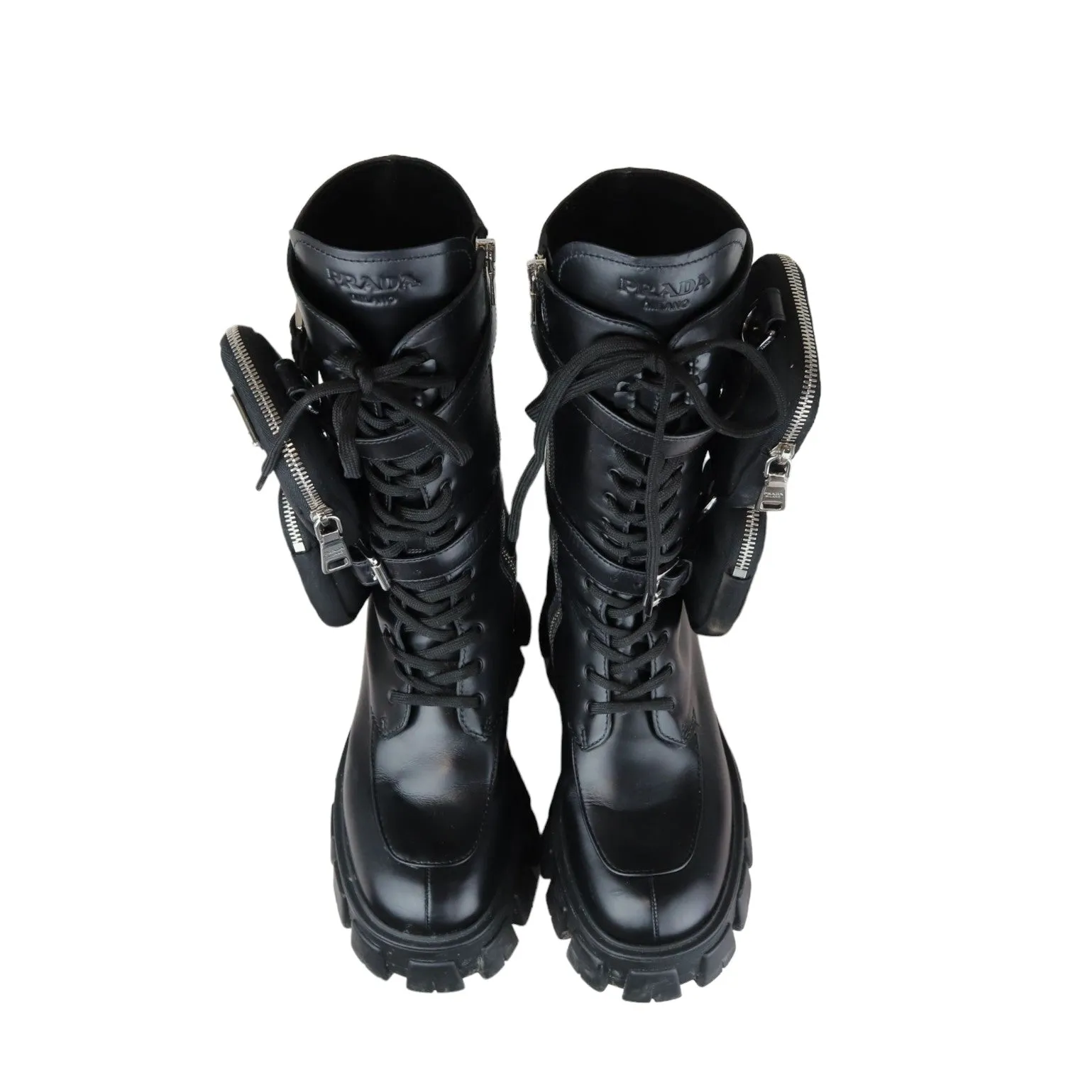 Pouch Pocket Tall Combat Boots Calfskin Black Size 38