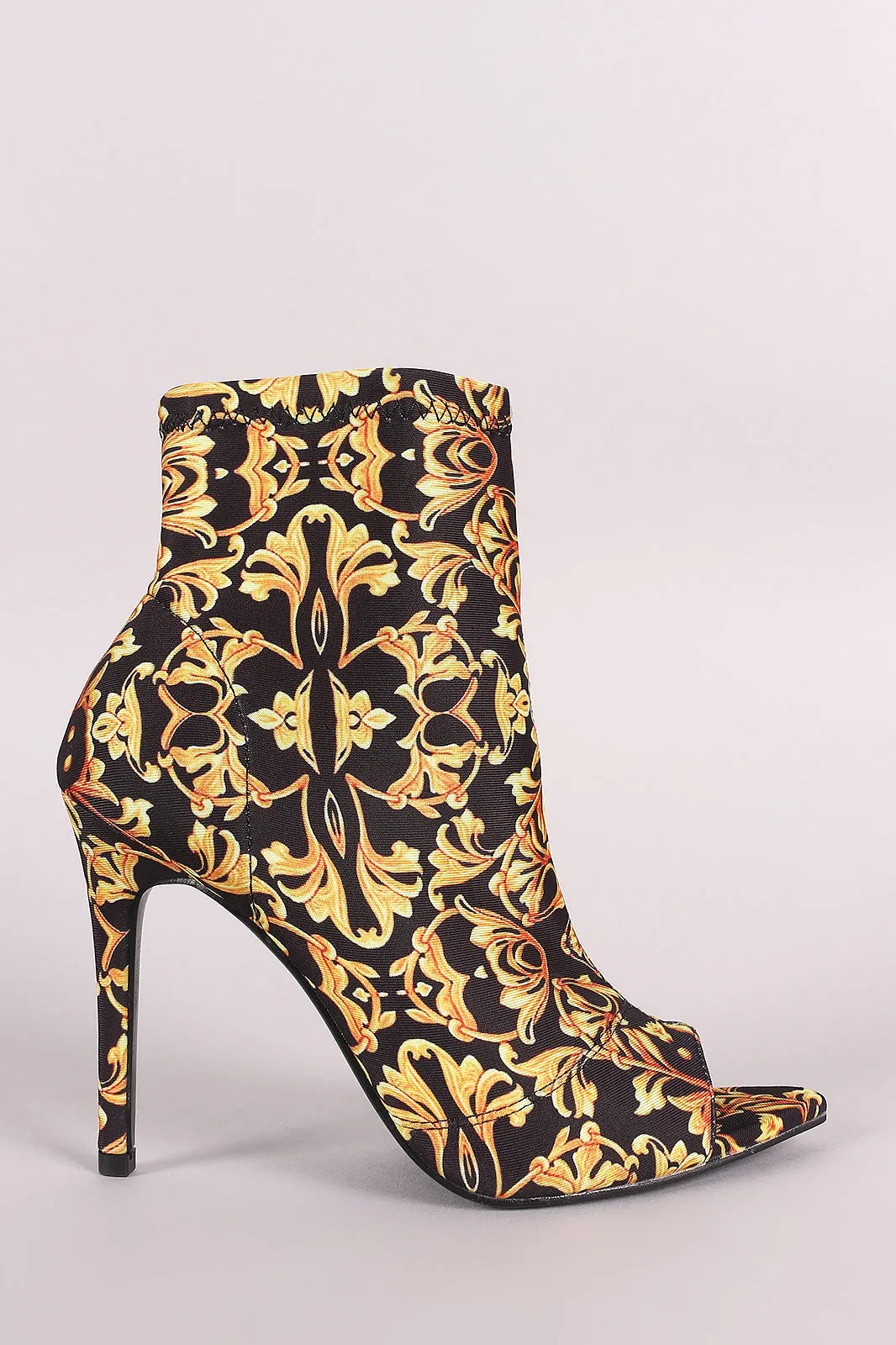Printed Elastane Pointed Peep Toe Stiletto Booties