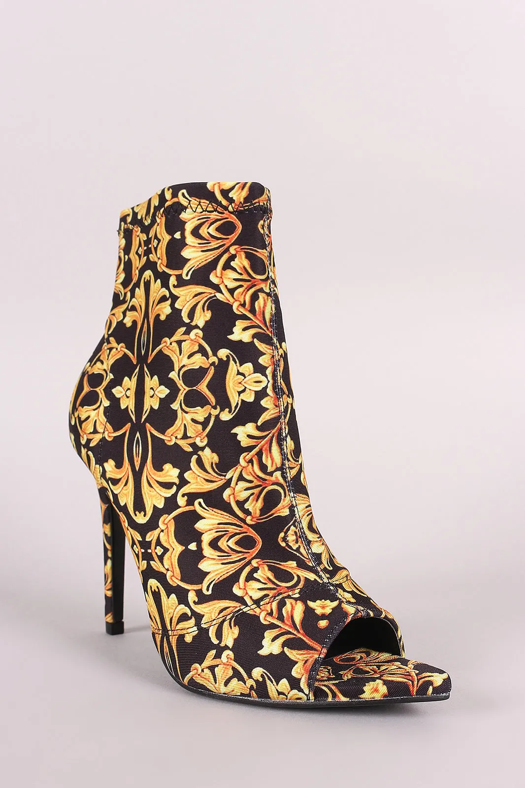 Printed Elastane Pointed Peep Toe Stiletto Booties