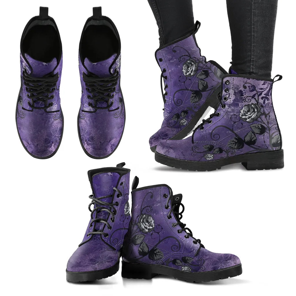 Purple Combat Boots - Gray Roses Dark Grunge Purple| Purple Boots for Women, Vegan Leather Lace Up Boots Women, Handmade Women's Boots, Custom Shoes