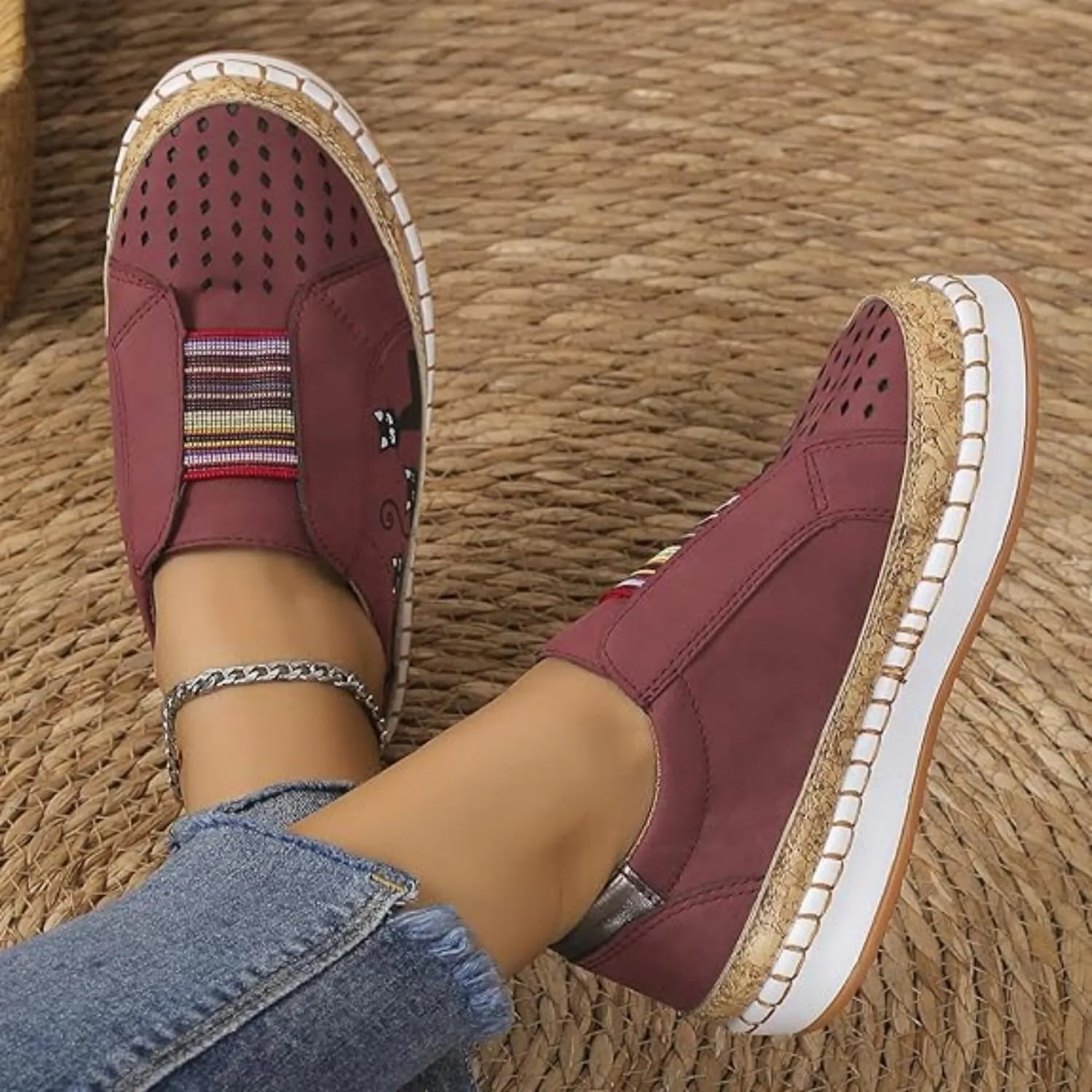 Rayootd Orthopedic Shoes for Women with Cats, Casual Hollow Lightweight Flat Shoes for Women, Elastic Slip-On Loafers Black Cat Shoes Sports Shoes, Women Running Sports Shoes Breathable