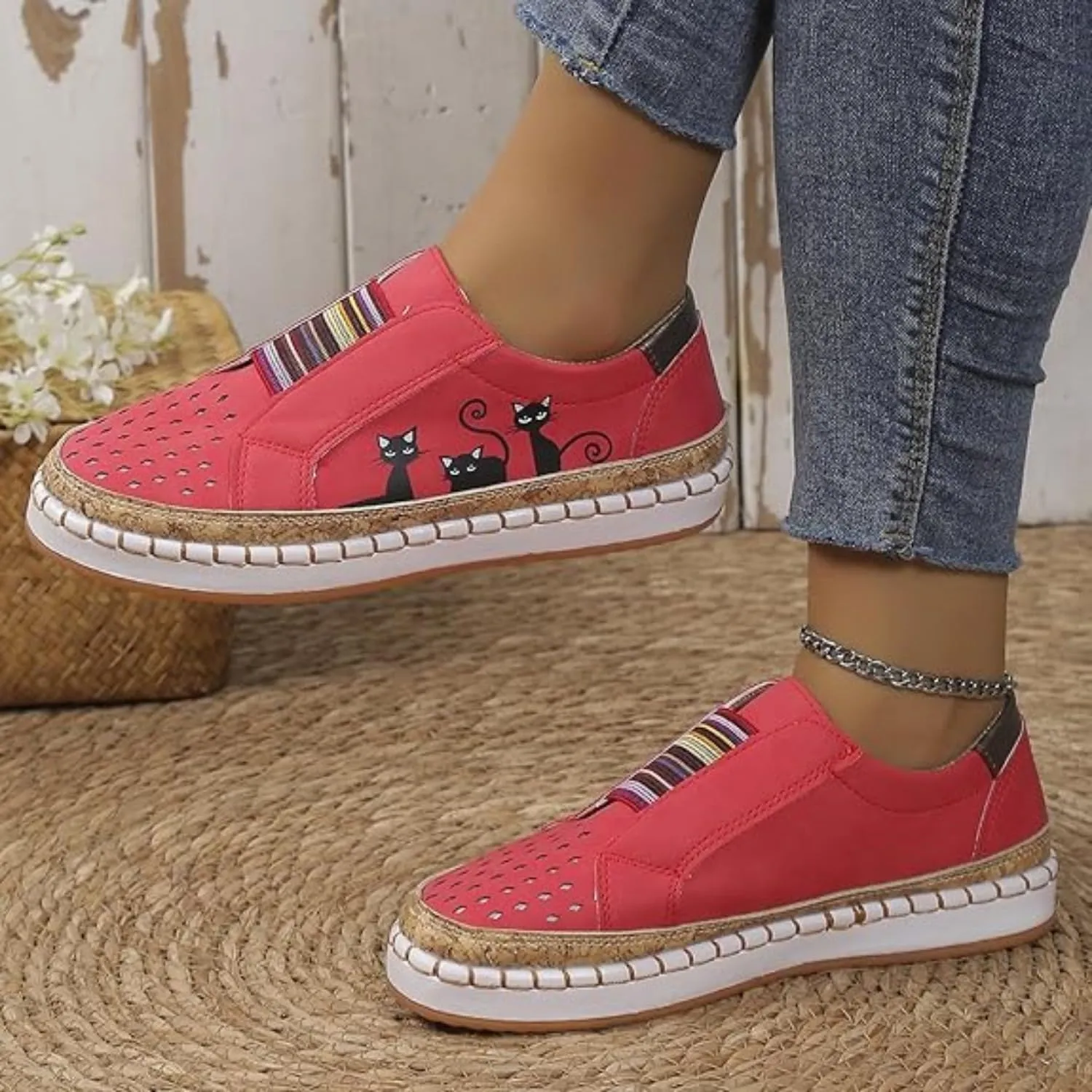 Rayootd Orthopedic Shoes for Women with Cats, Casual Hollow Lightweight Flat Shoes for Women, Elastic Slip-On Loafers Black Cat Shoes Sports Shoes, Women Running Sports Shoes Breathable