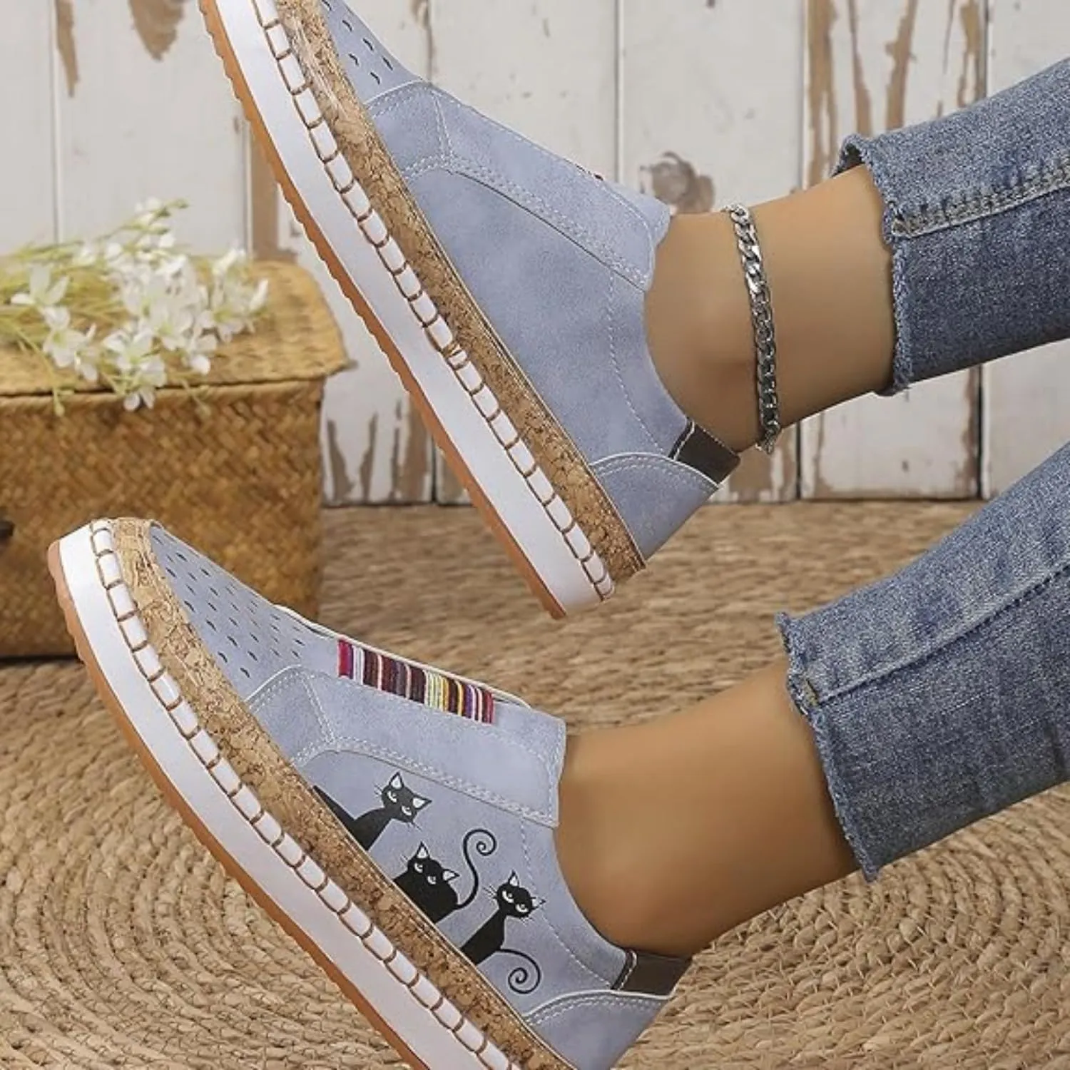 Rayootd Orthopedic Shoes for Women with Cats, Casual Hollow Lightweight Flat Shoes for Women, Elastic Slip-On Loafers Black Cat Shoes Sports Shoes, Women Running Sports Shoes Breathable