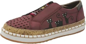 Rayootd Orthopedic Shoes for Women with Cats, Casual Hollow Lightweight Flat Shoes for Women, Elastic Slip-On Loafers Black Cat Shoes Sports Shoes, Women Running Sports Shoes Breathable