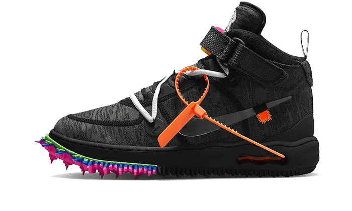 Air Force 1 Mid Off-White Clear Black running in a canal area shoes