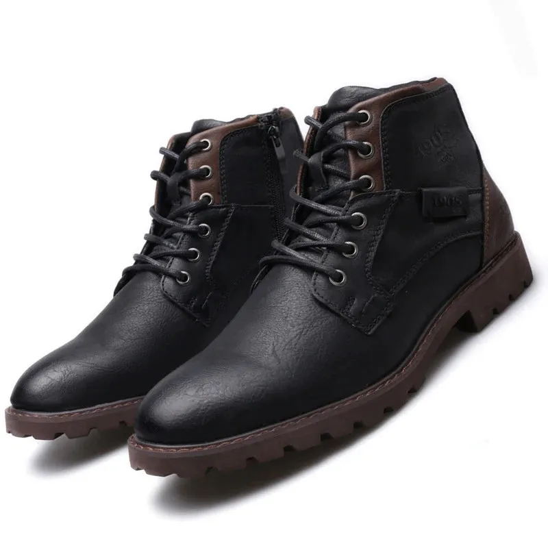 Retro PU Leather Men's Military-style Ankle Boots with Non-slip Lace-Up Design for Casual and Motorcycle Wear