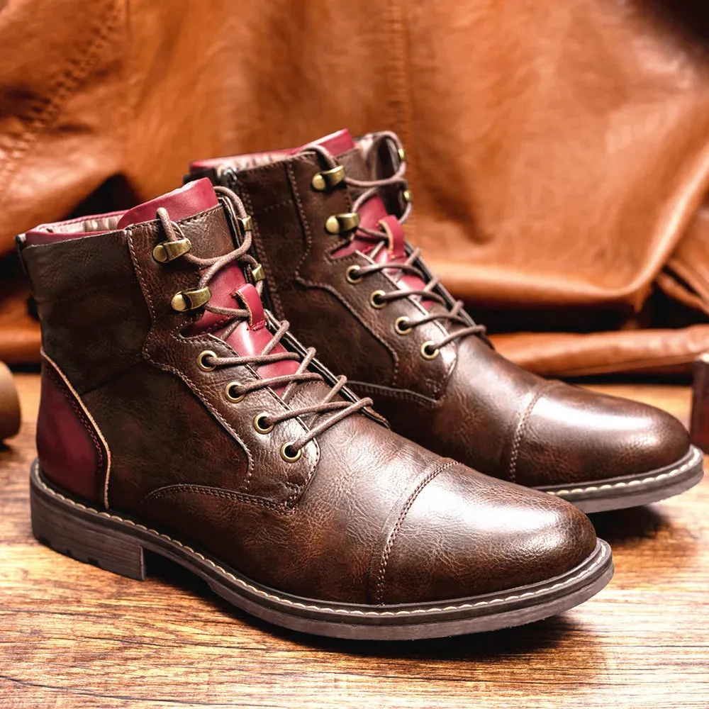 Retro PU Leather Men's Military-style Ankle Boots with Non-slip Lace-Up Design for Casual and Motorcycle Wear