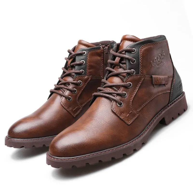 Retro PU Leather Men's Military-style Ankle Boots with Non-slip Lace-Up Design for Casual and Motorcycle Wear