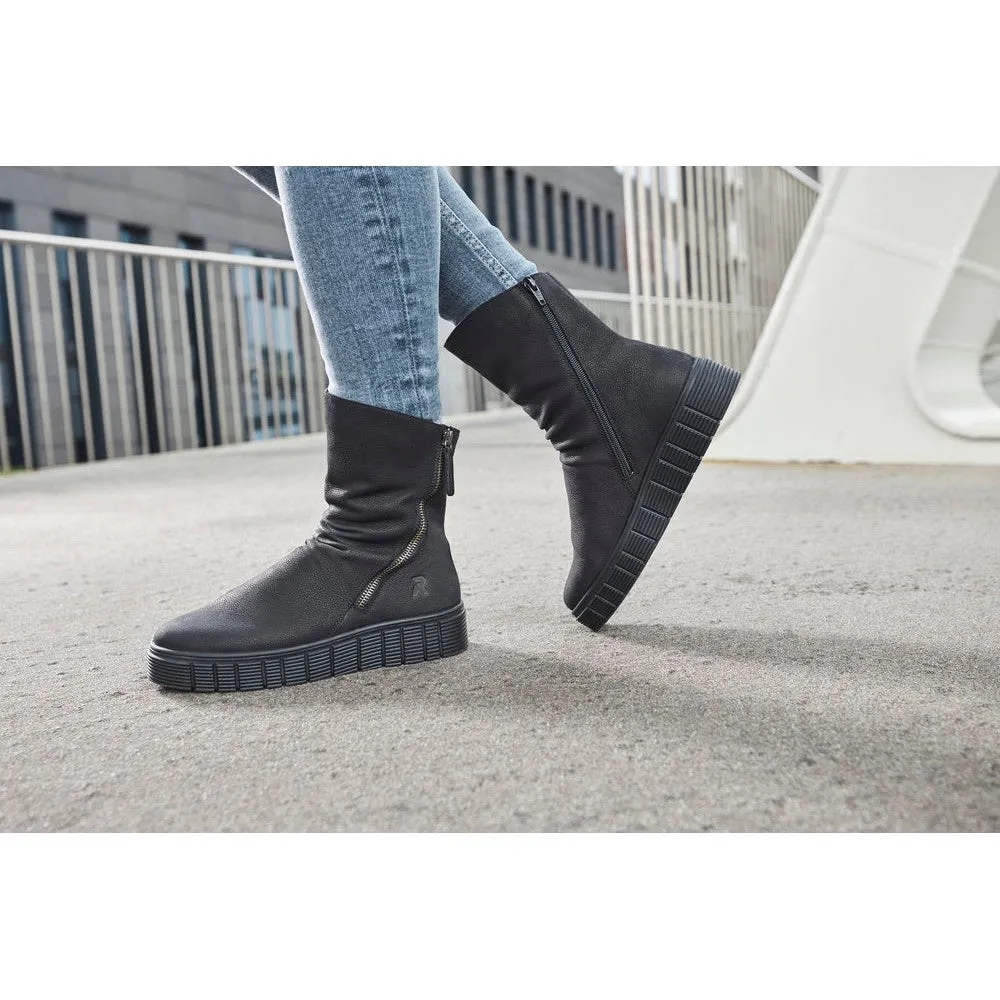 Rieker W1063-00  Ladies Black Suede Side Zip Mid-Calf Boots