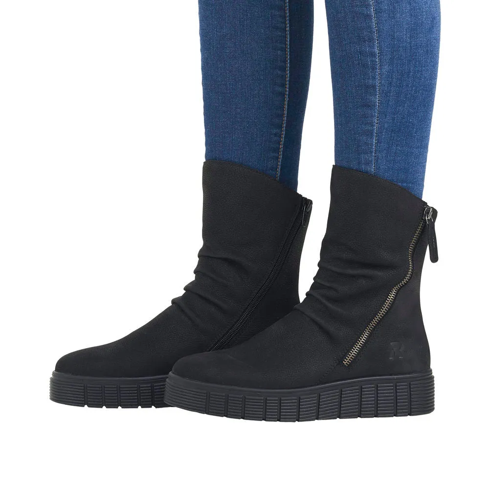 Rieker W1063-00  Ladies Black Suede Side Zip Mid-Calf Boots