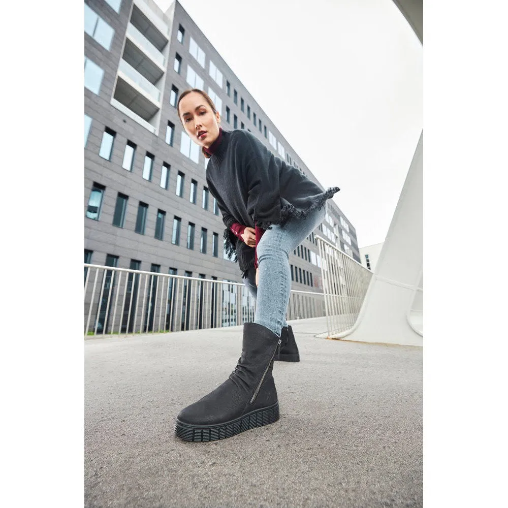 Rieker W1063-00  Ladies Black Suede Side Zip Mid-Calf Boots