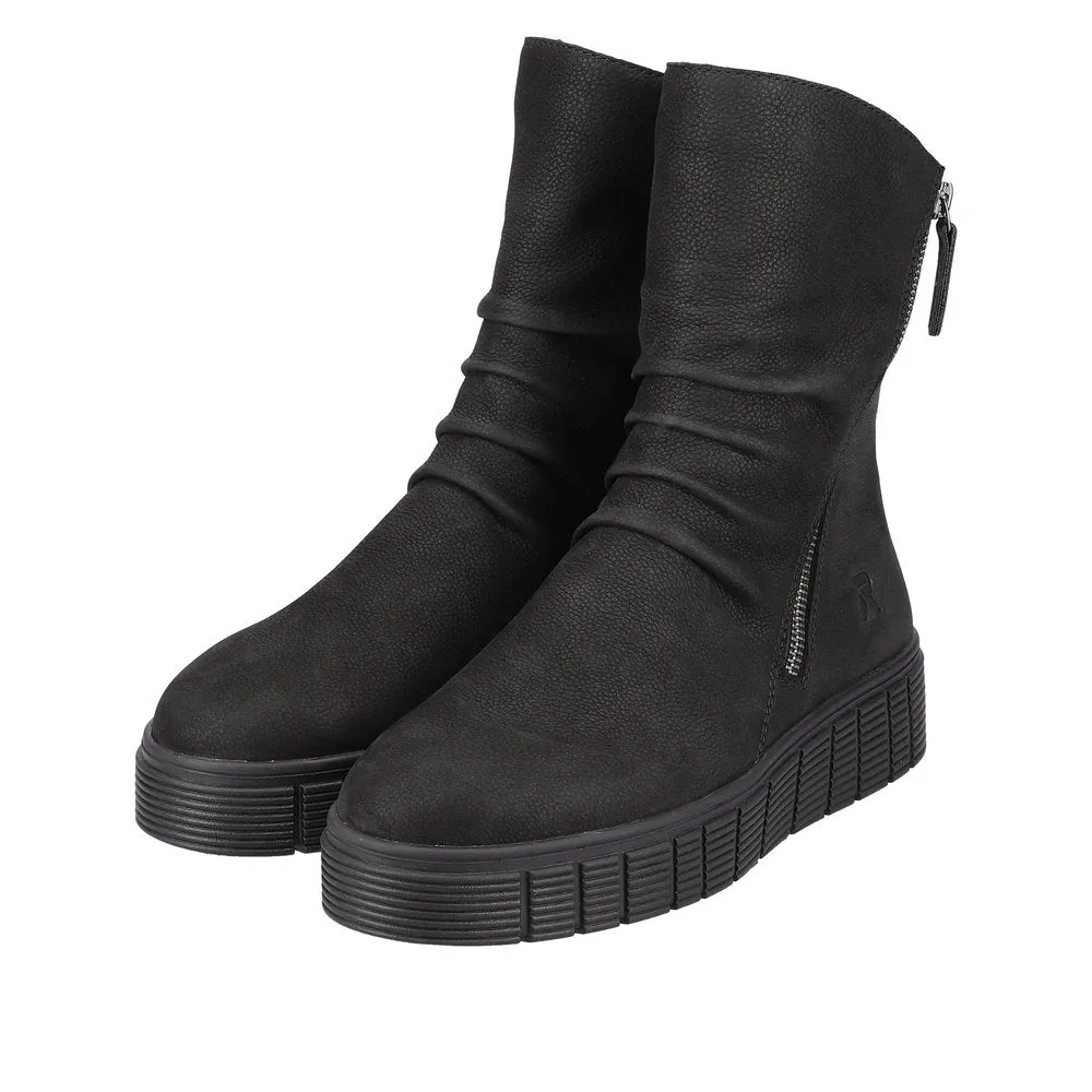 Rieker W1063-00  Ladies Black Suede Side Zip Mid-Calf Boots