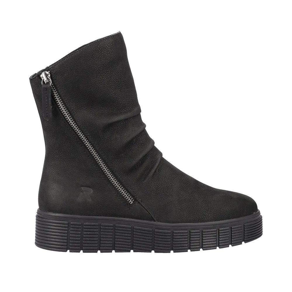 Rieker W1063-00  Ladies Black Suede Side Zip Mid-Calf Boots