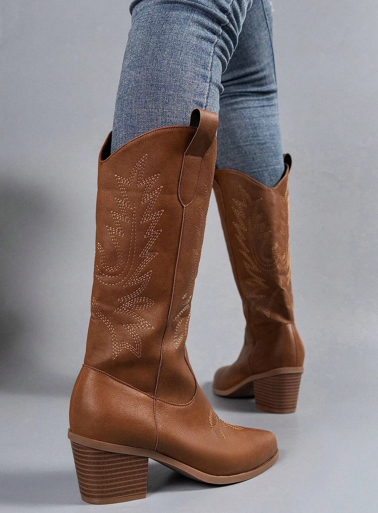 Rosanne Western CowGirl Faux Leather Boots in Brown