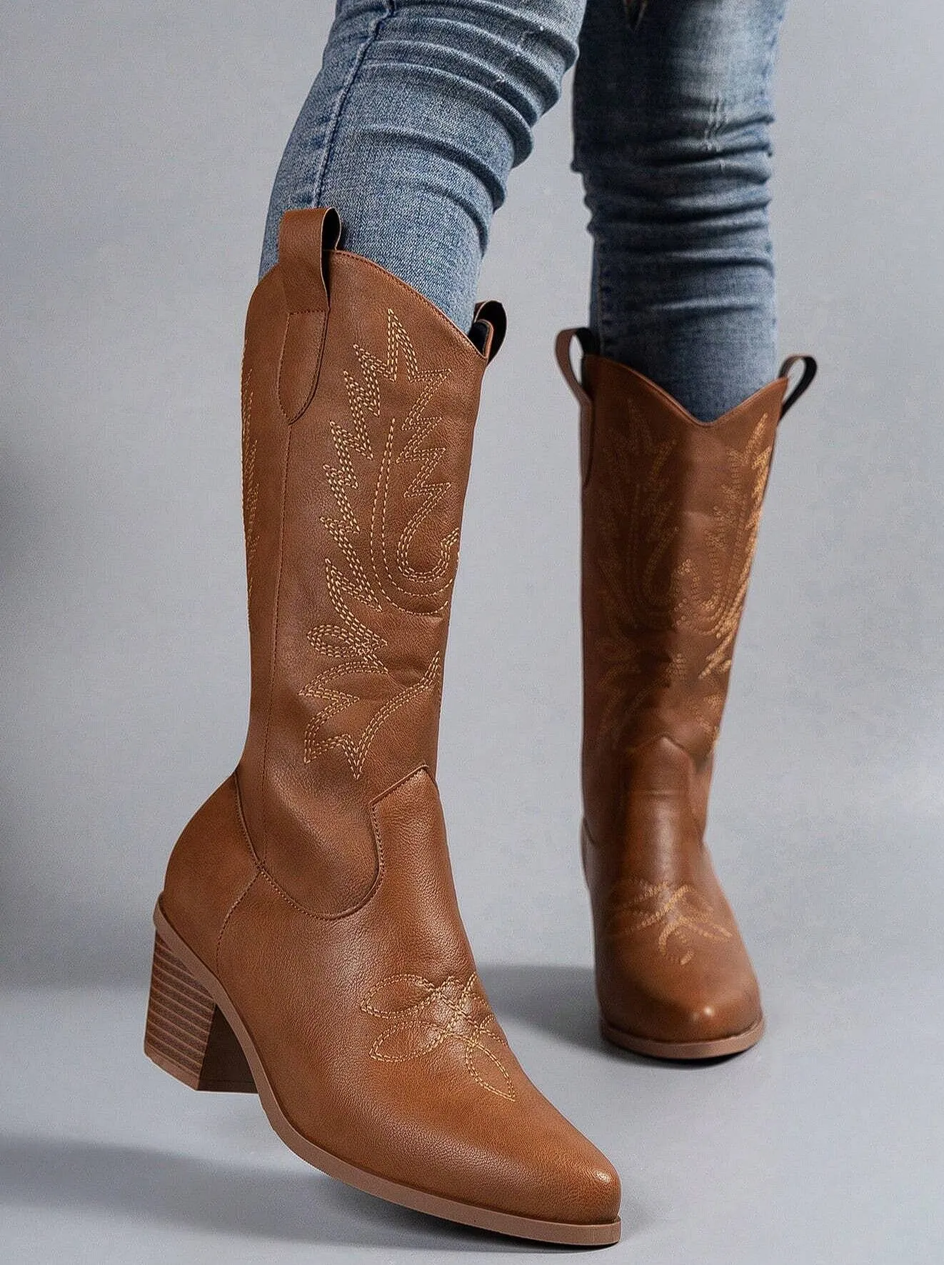 Rosanne Western CowGirl Faux Leather Boots in Brown