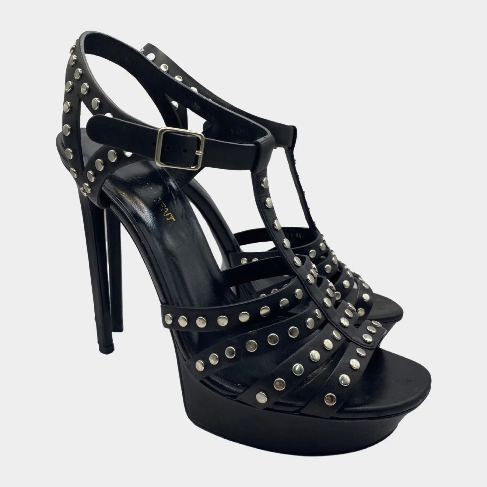 Saint Laurent black leather stud embellished leather platform stiletto heels