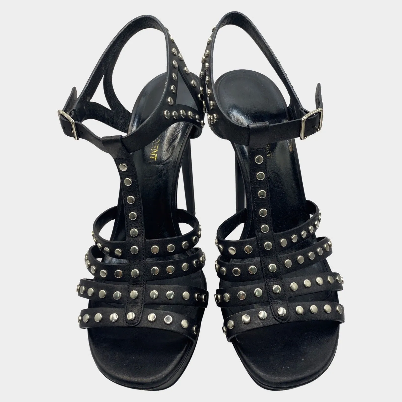 Saint Laurent black leather stud embellished leather platform stiletto heels