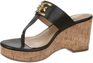 Sam Edelman Yardlie Black Patent Slip On Open Toe Wedge Heeled Thong Sandals