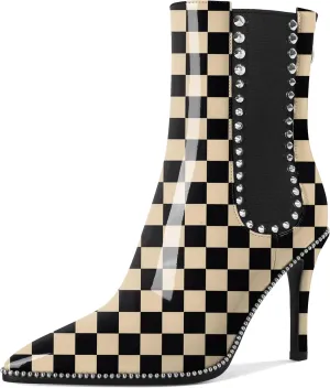 SAMMITOP Women's Pointed Toe Ankle Boots Stiletto High Heel Chelsea Boots Fashion Silver Beaded Rivets Dress Short Booties Shoes with Back Zipper 4 Inch
