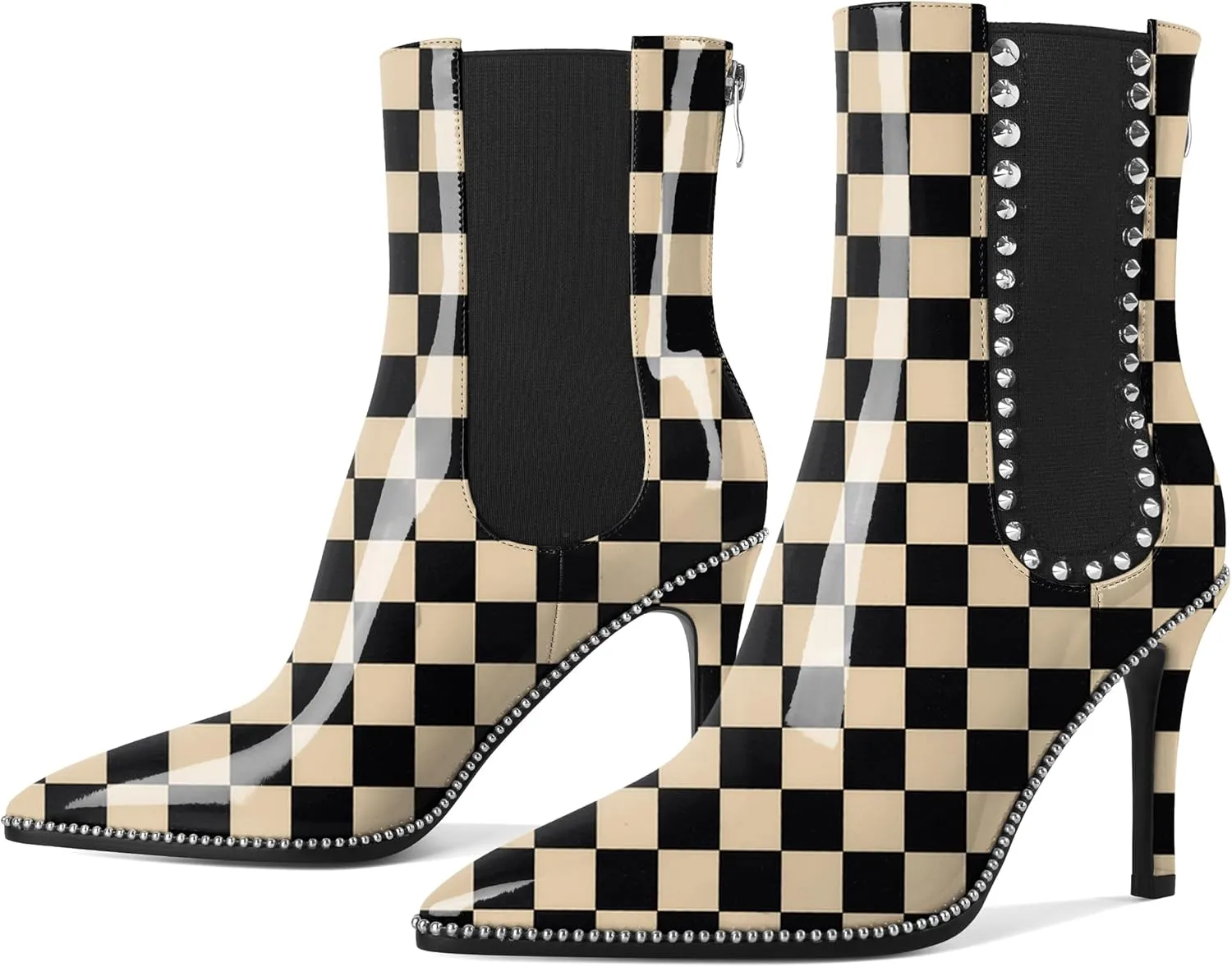 SAMMITOP Women's Pointed Toe Ankle Boots Stiletto High Heel Chelsea Boots Fashion Silver Beaded Rivets Dress Short Booties Shoes with Back Zipper 4 Inch