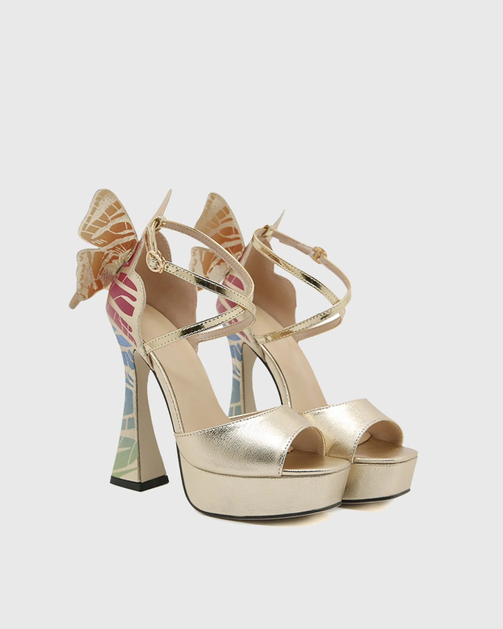 Sarla Wing Cross Strap Platform Flared Heels In Gold