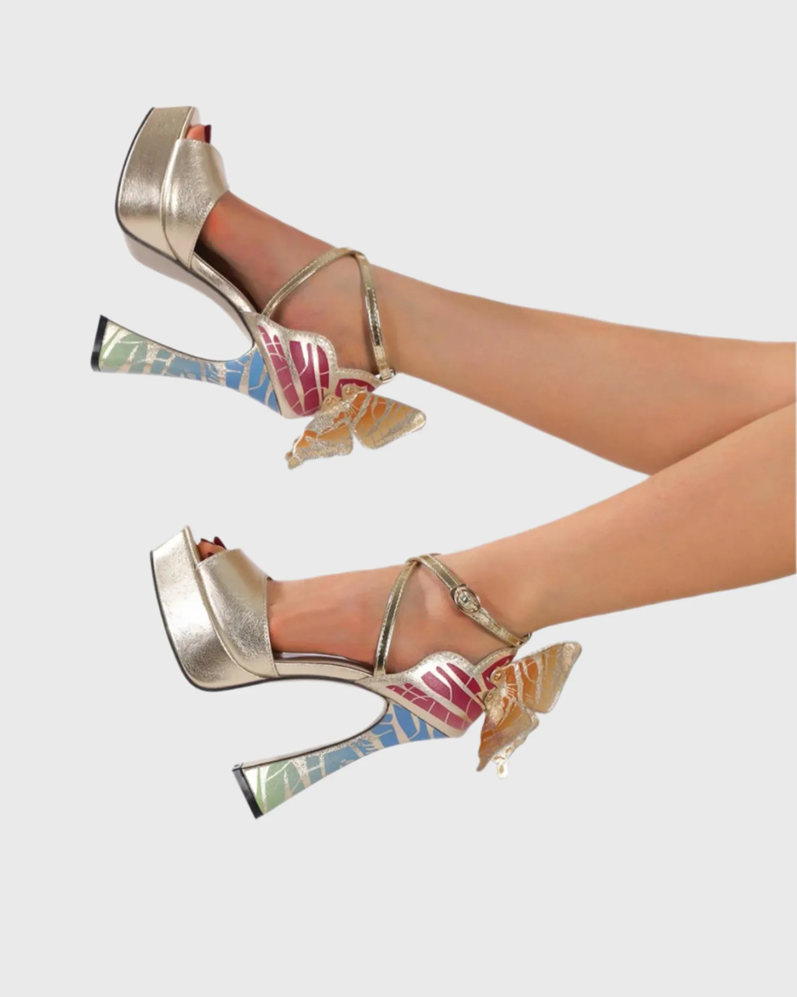 Sarla Wing Cross Strap Platform Flared Heels In Gold
