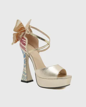 Sarla Wing Cross Strap Platform Flared Heels In Gold