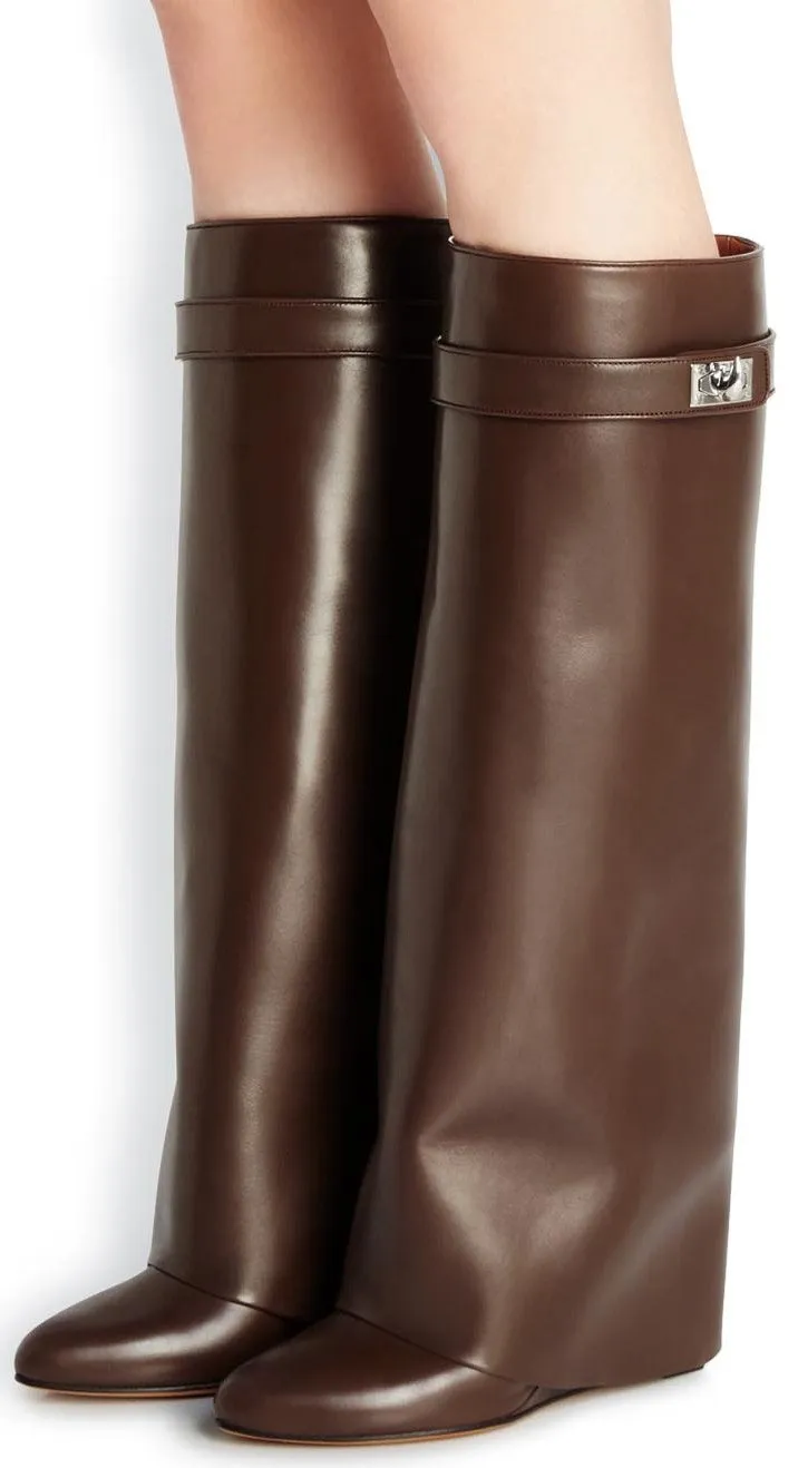 'Shark Lock' Wedge Knee Leather Boots in Chocolate Brown